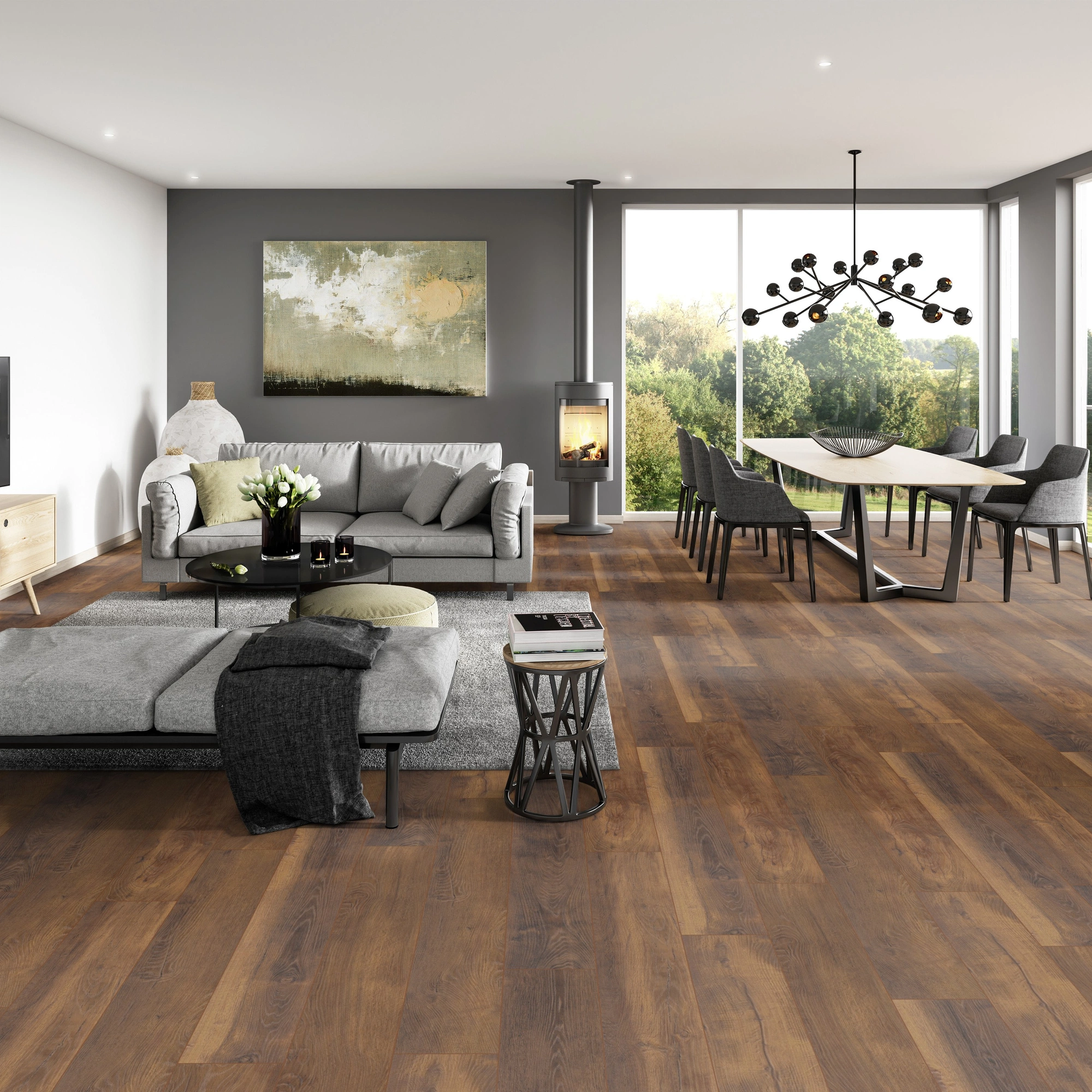 Milieubild Modernes Wohnzimmer mit Essbereich - ter Hürne Klick-Designboden Dureco Strong Classic Edition Eiche Jamaica Milieubild Modernes Wohnzimmer mit Essbereich - ter Hürne 1101260046