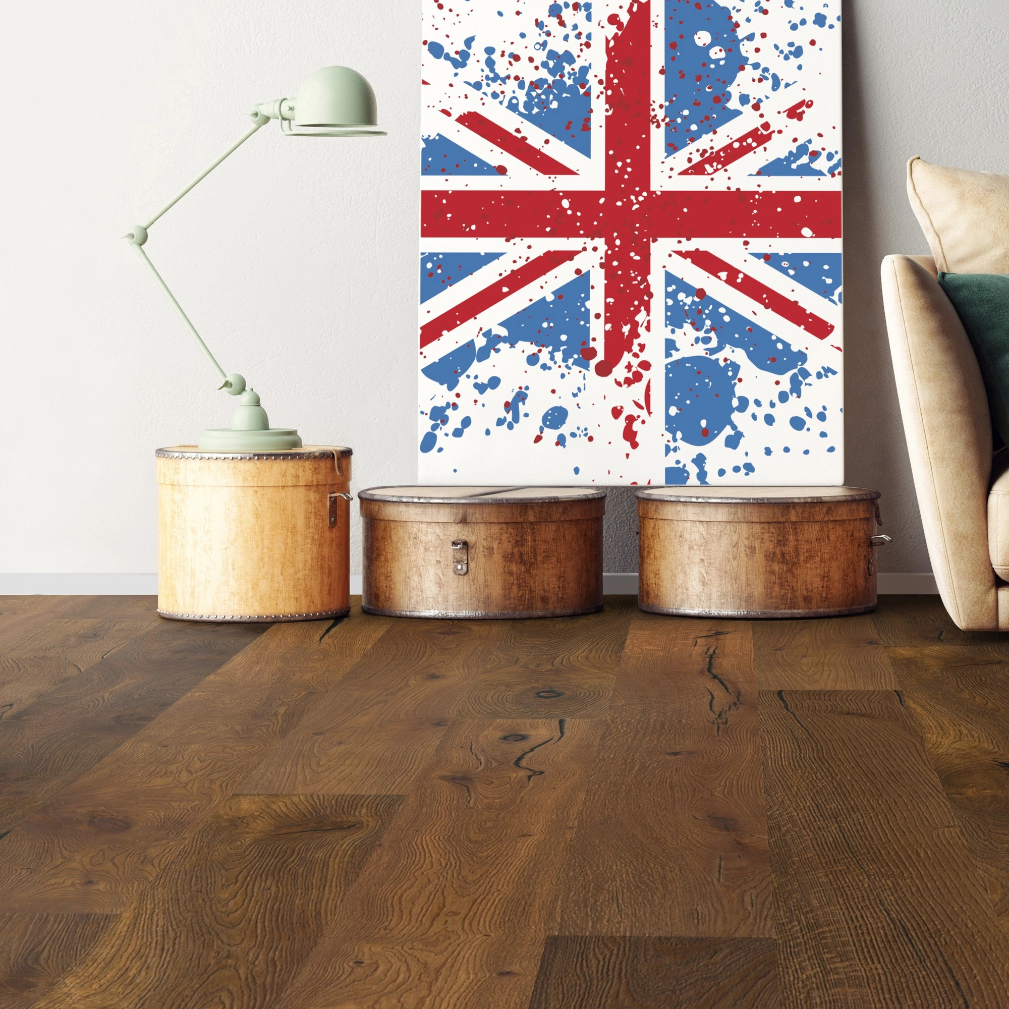 Milieubild Wohnzimmer mit Sofa - bodentiefe Perspektive - Bennett & Jones Parkett Britain's Finest Oak No.109 Sheffield Milieubild Wohnzimmer mit Sofa - bodentiefe Perspektive - Bennett & Jones 1148010109