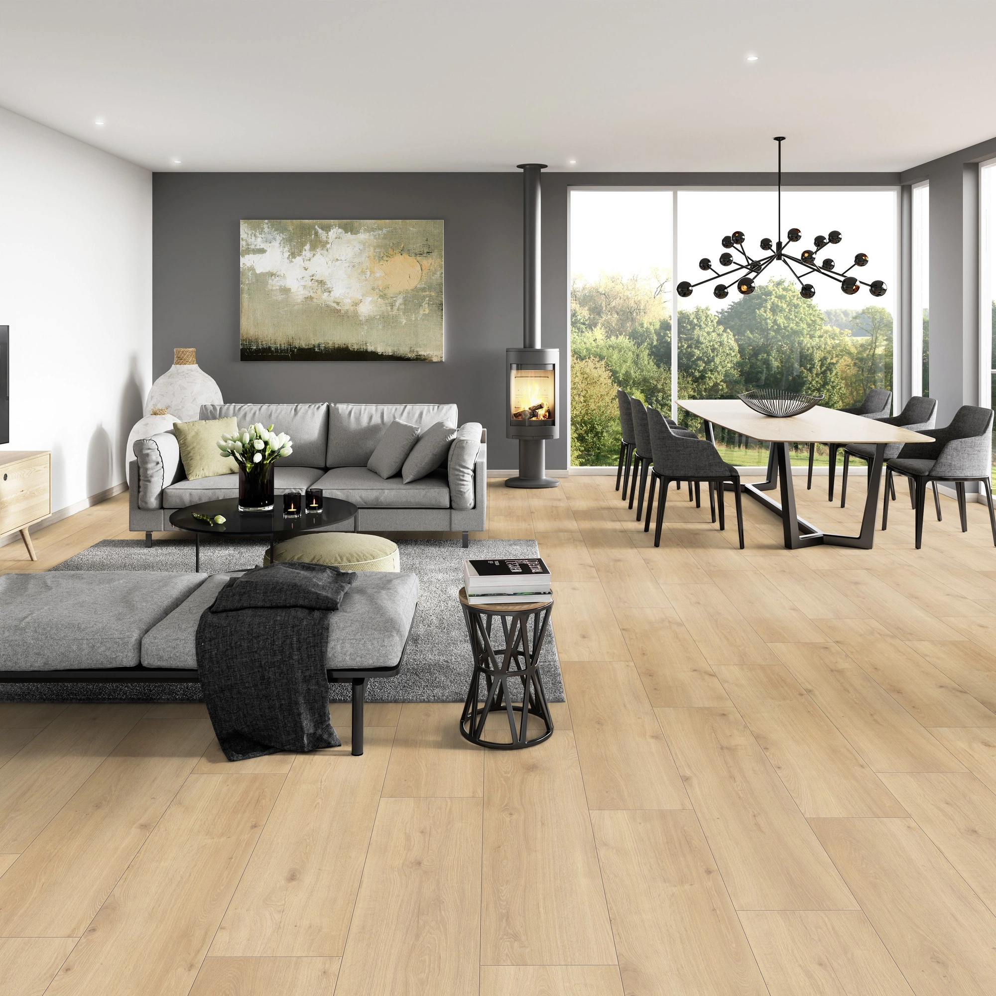 Milieubild Modernes Wohnzimmer mit Essbereich - ter Hürne Laminat Trend Edition Eiche Hygge Milieubild Modernes Wohnzimmer mit Essbereich - ter Hürne 1101021825