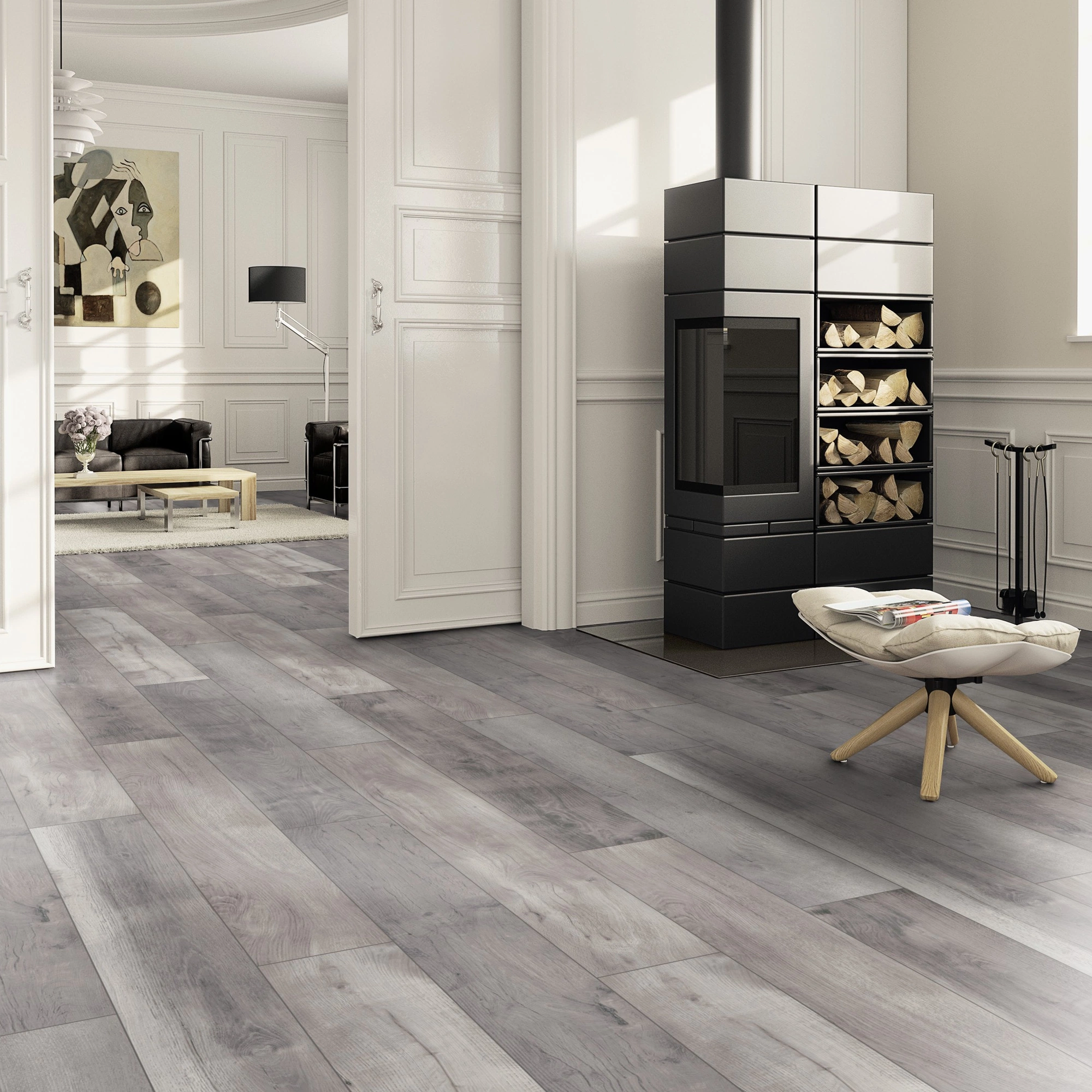 Milieubild Wohnzimmer im Landhaus-Stil mit Kamin - ter Hürne Klick-Designboden Dureco Strong Classic Edition Eiche Barbados Milieubild Wohnzimmer im Landhaus-Stil mit Kamin - ter Hürne 1101260050