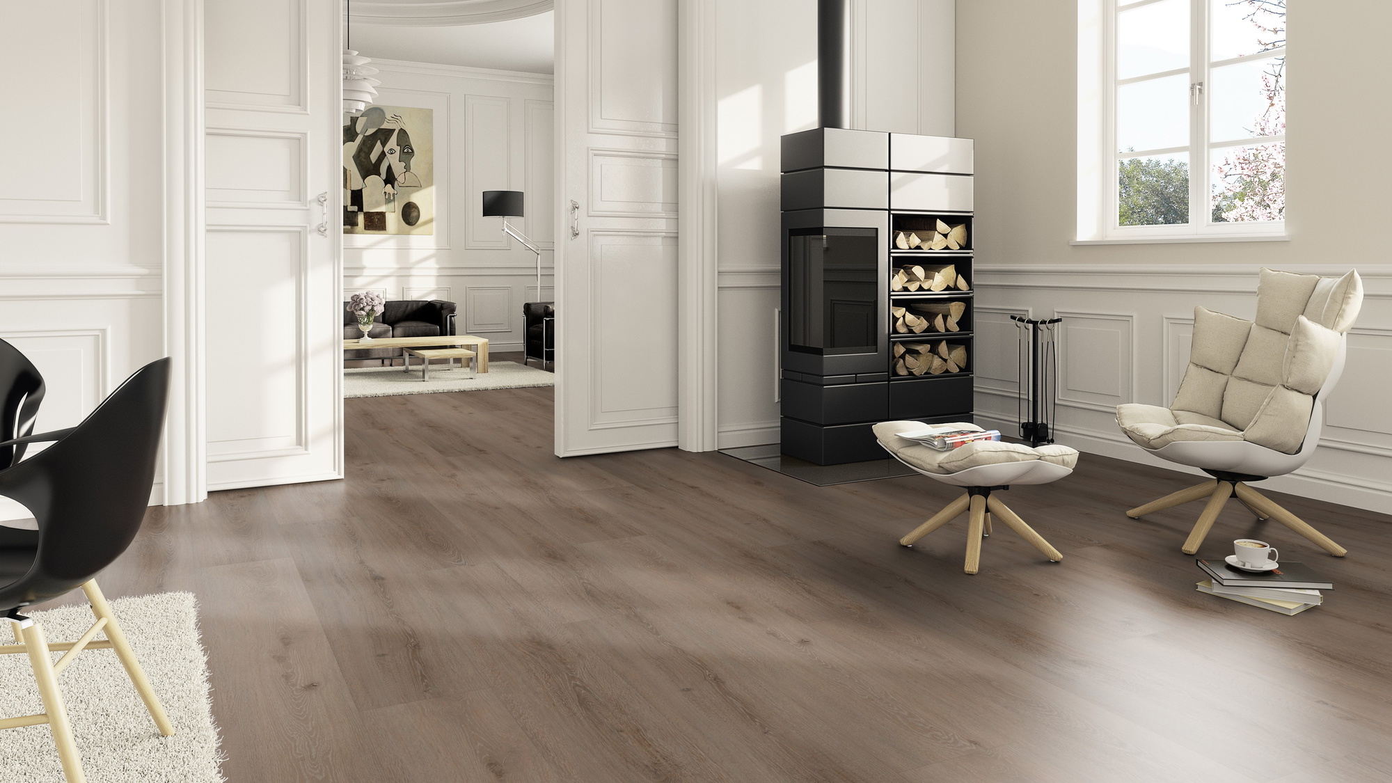 Milieubild Wohnzimmer im Landhaus-Stil mit Kamin - ter Hürne Klebe-Vinyl Pro Classic Edition Eiche Riga Milieubild Wohnzimmer im Landhaus-Stil mit Kamin - ter Hürne 1101210431