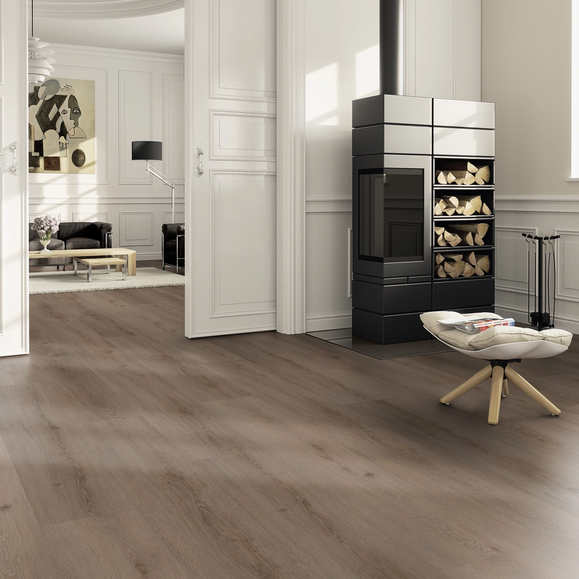 Milieubild Wohnzimmer im Landhaus-Stil mit Kamin - ter Hürne Klebe-Vinyl Pro Classic Edition Eiche Riga Milieubild Wohnzimmer im Landhaus-Stil mit Kamin - ter Hürne 1101210431