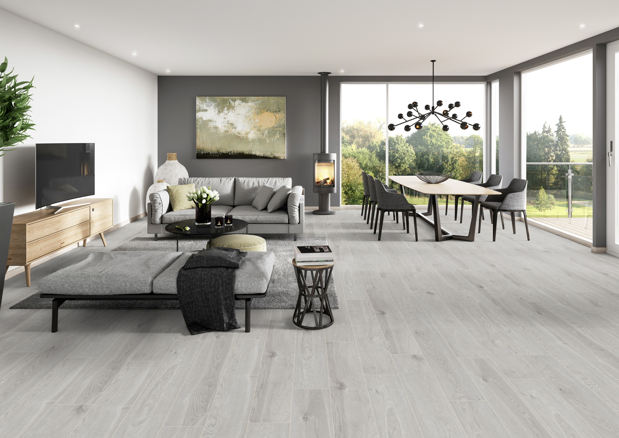 Milieubild Modernes Wohnzimmer mit Essbereich - ter Hürne Klick-Designboden Dureco Strong Classic Edition Eiche Gotland Milieubild Modernes Wohnzimmer mit Essbereich - ter Hürne 1101260051