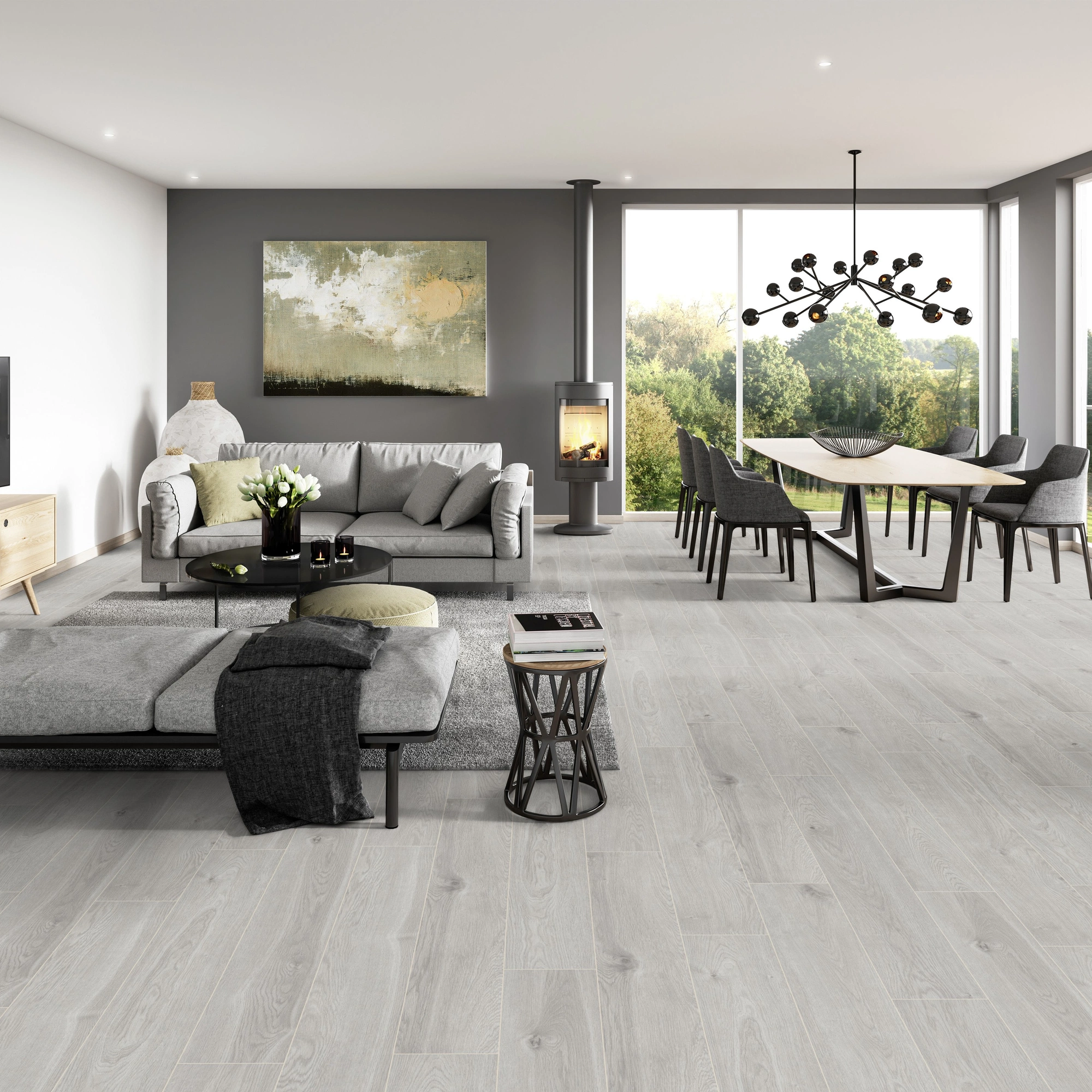 Milieubild Modernes Wohnzimmer mit Essbereich - ter Hürne Klick-Designboden Dureco Strong Classic Edition Eiche Gotland Milieubild Modernes Wohnzimmer mit Essbereich - ter Hürne 1101260051