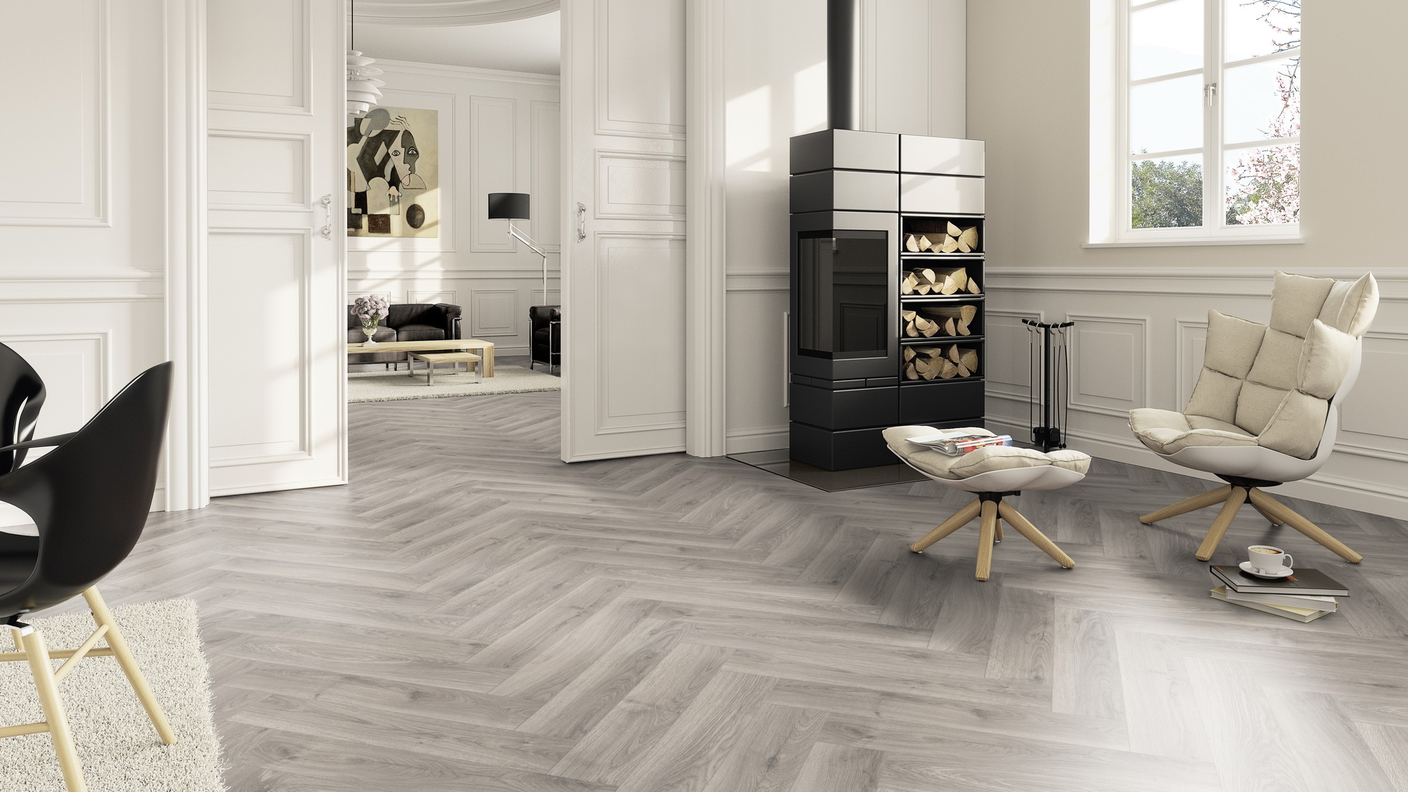 Milieubild Wohnzimmer im Landhaus-Stil mit Kamin - ter Hürne Laminat Herringbone Edition Eiche Atelier Milieubild Wohnzimmer im Landhaus-Stil mit Kamin - ter Hürne 1101021850