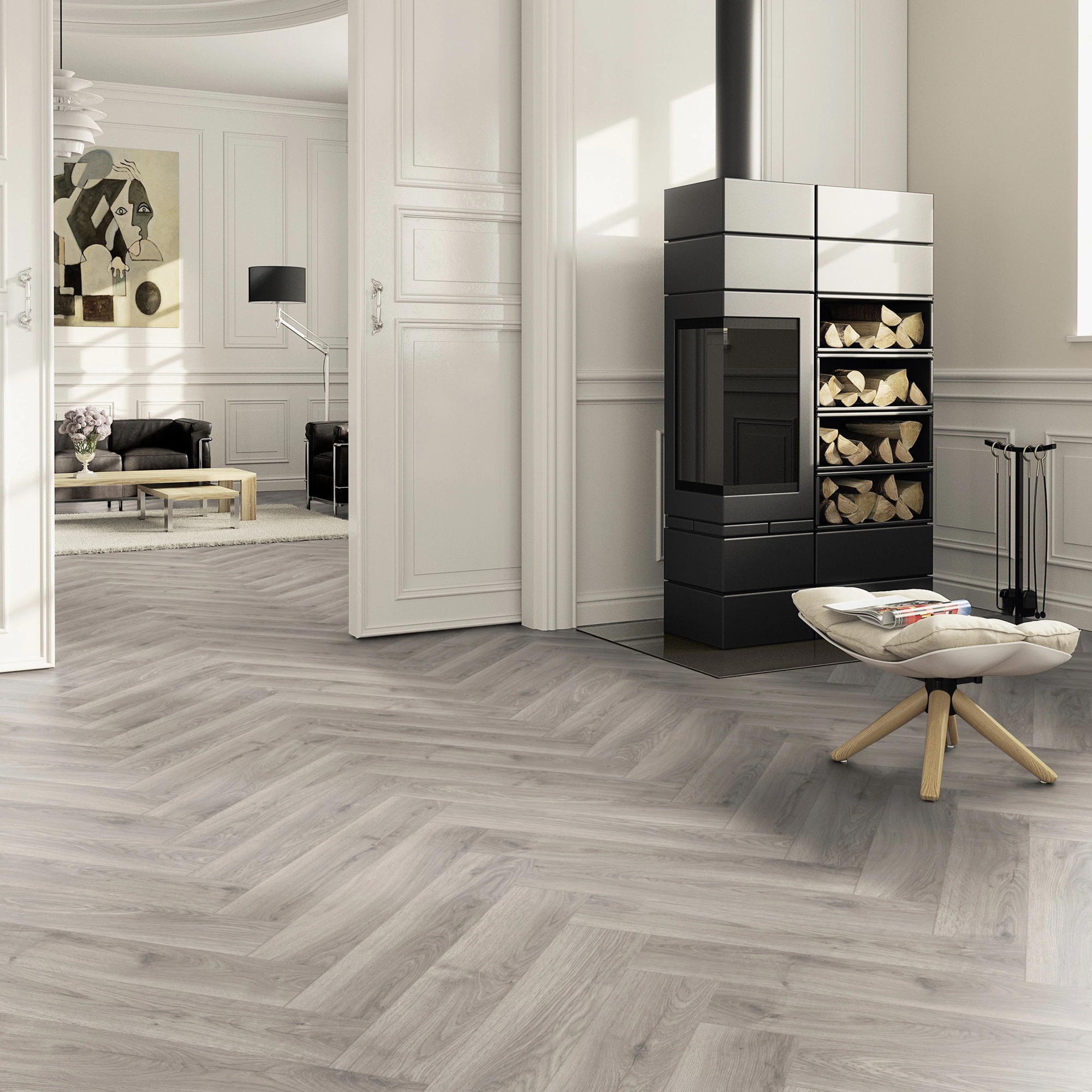 Milieubild Wohnzimmer im Landhaus-Stil mit Kamin - ter Hürne Laminat Herringbone Edition Eiche Atelier Milieubild Wohnzimmer im Landhaus-Stil mit Kamin - ter Hürne 1101021850