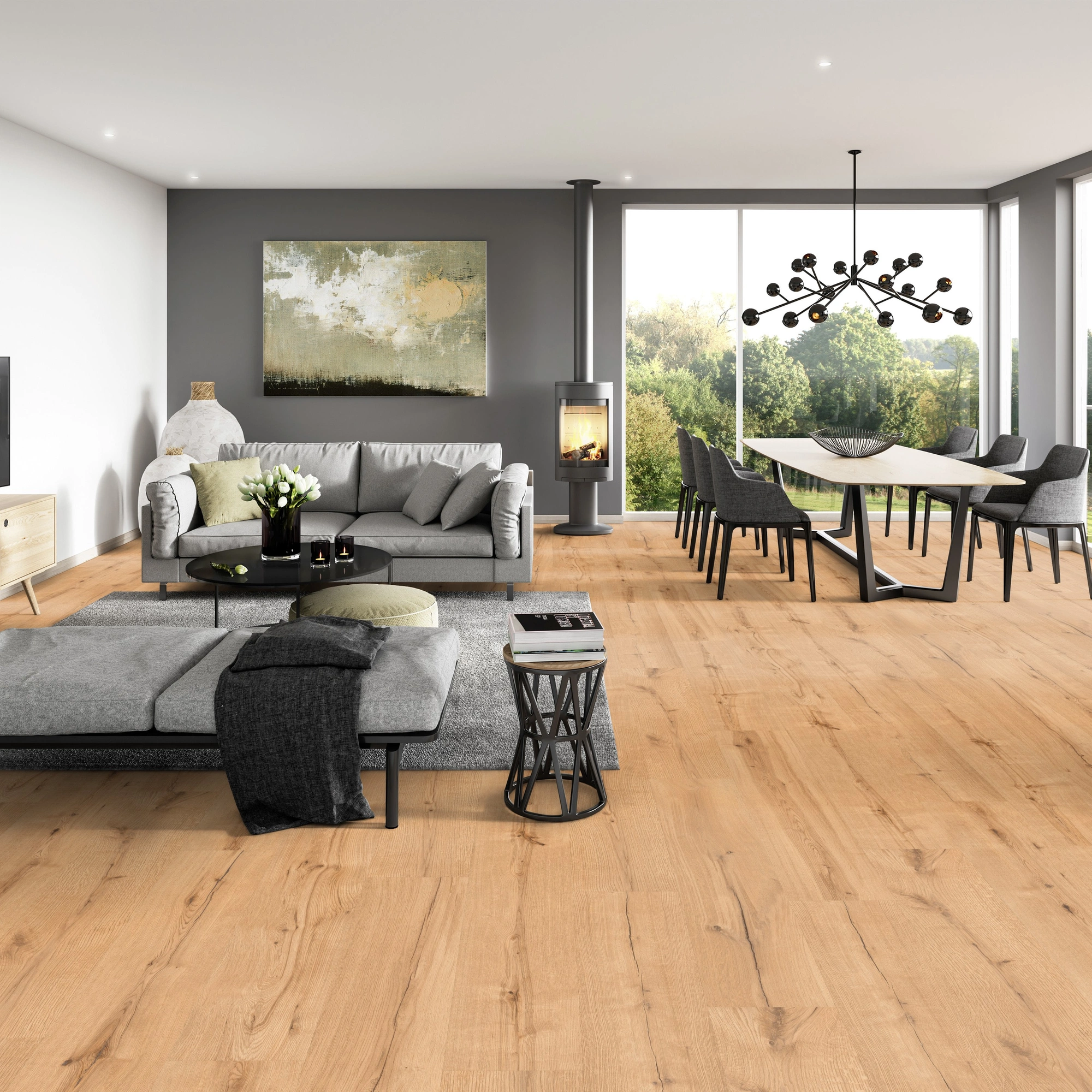 Milieubild Modernes Wohnzimmer mit Essbereich - ter Hürne Klebe-Designboden Avatara Pro Classic Edition Eiche Kuma Milieubild Modernes Wohnzimmer mit Essbereich - ter Hürne 1101270102