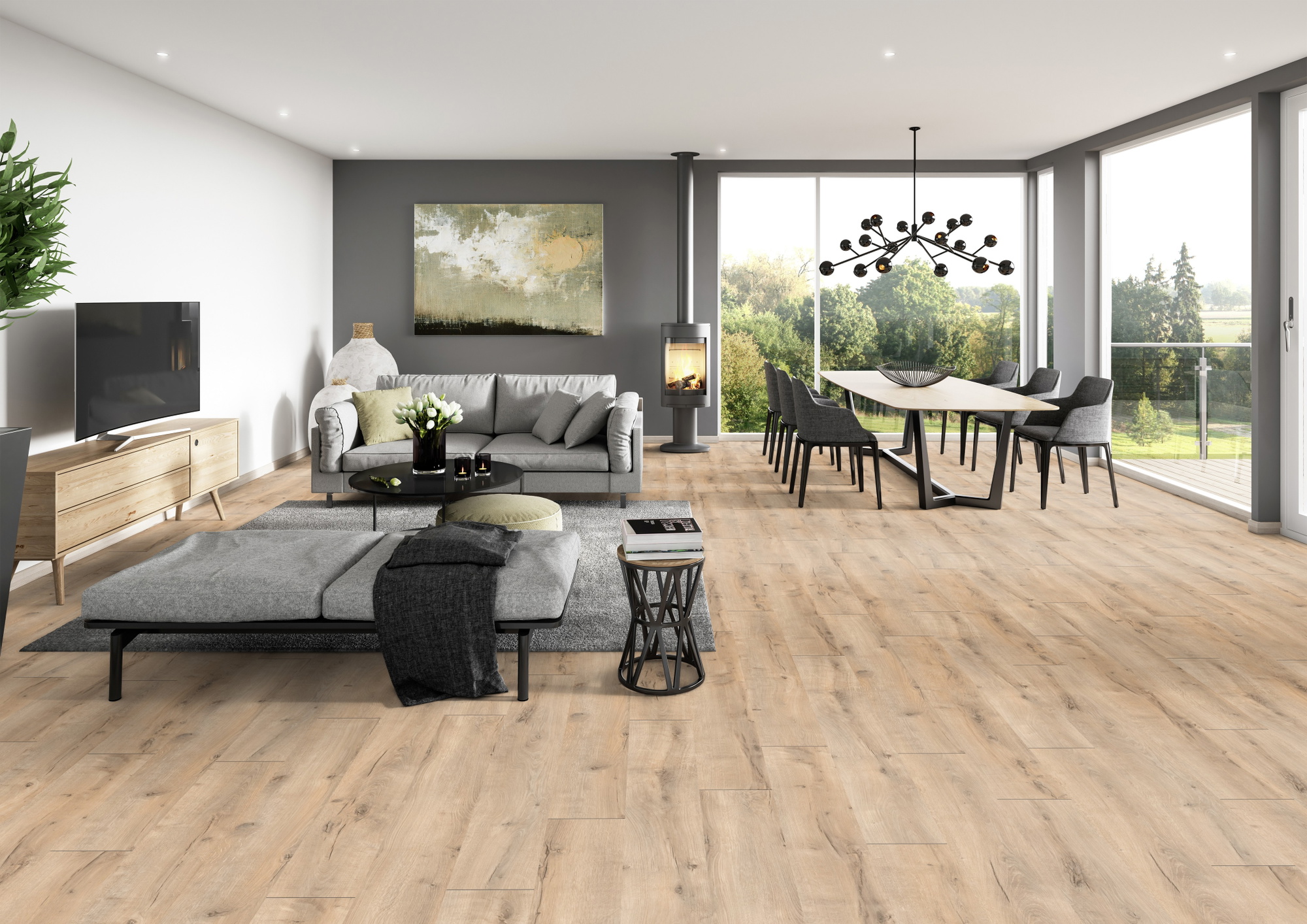 Milieubild Modernes Wohnzimmer mit Essbereich - ter Hürne Laminat Classic Edition Eiche Vintage Boutique Milieubild Modernes Wohnzimmer mit Essbereich - ter Hürne 1101021841