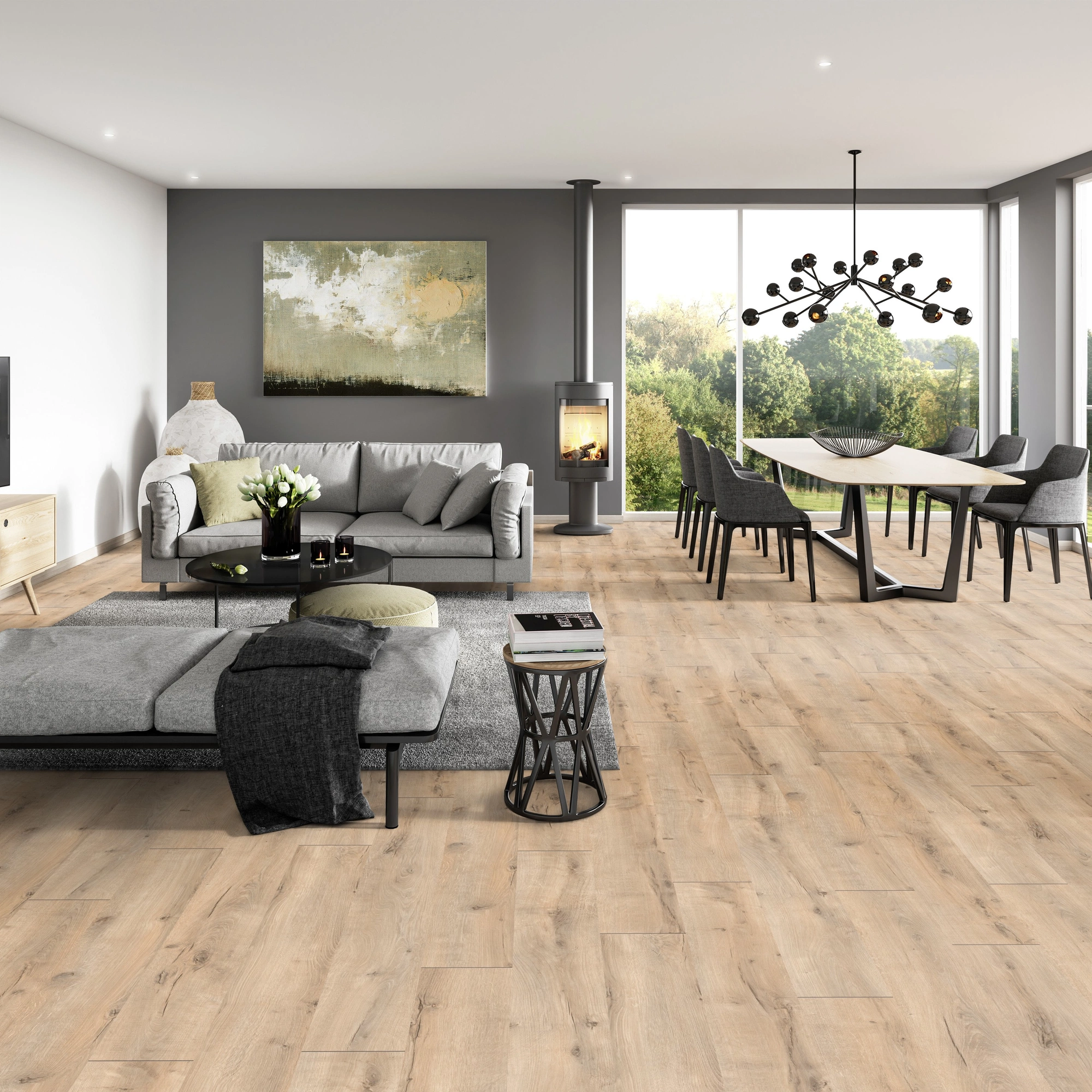Milieubild Modernes Wohnzimmer mit Essbereich - ter Hürne Laminat Classic Edition Eiche Vintage Boutique Milieubild Modernes Wohnzimmer mit Essbereich - ter Hürne 1101021841