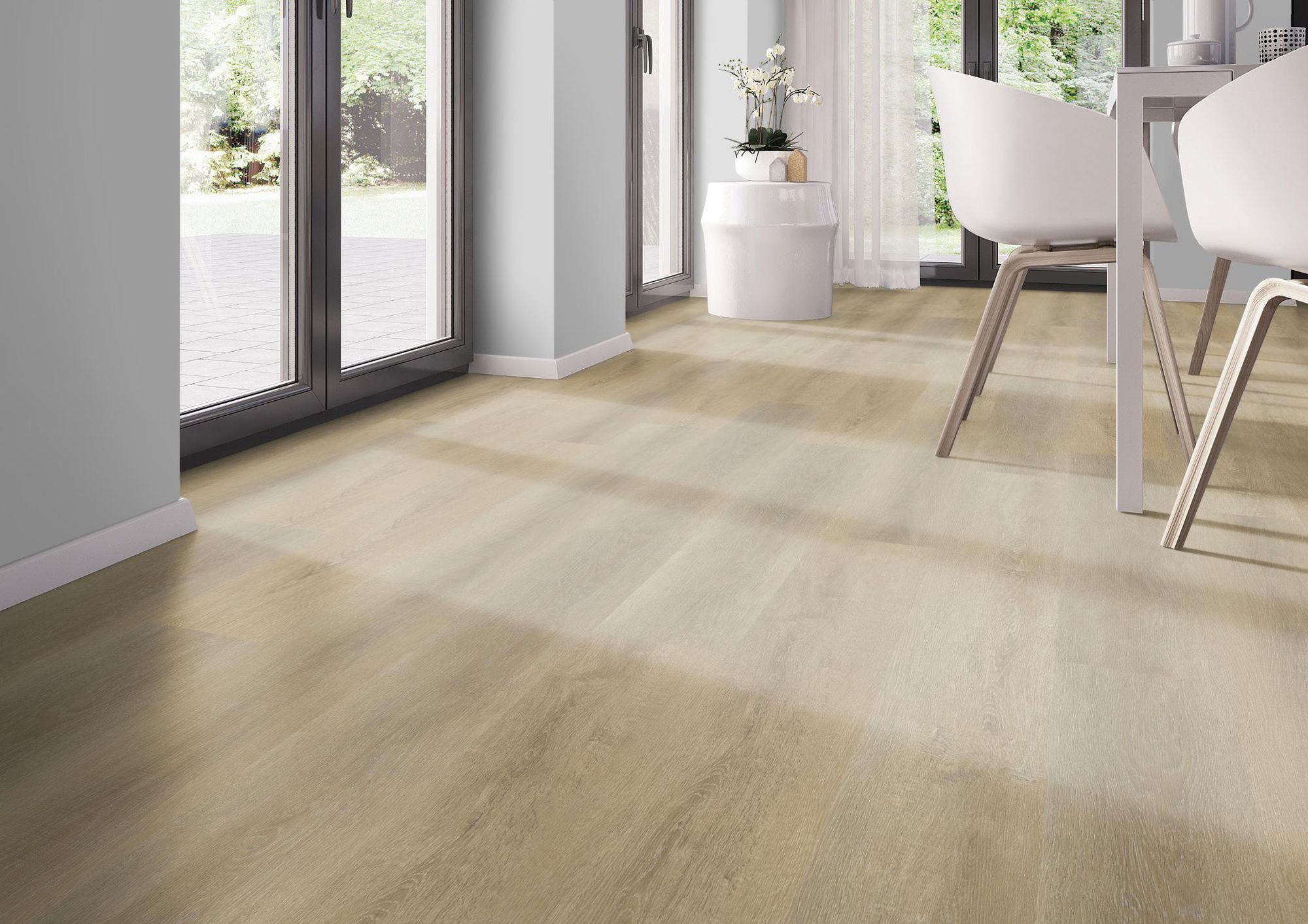 Milieubild Modernes Esszimmer - bodentiefe Perspektive - nexflor Rigid Klick-Vinyl Apollo Click Collection Samos Oak Milieubild Modernes Esszimmer - bodentiefe Perspektive - nexflor NXF-60030-015