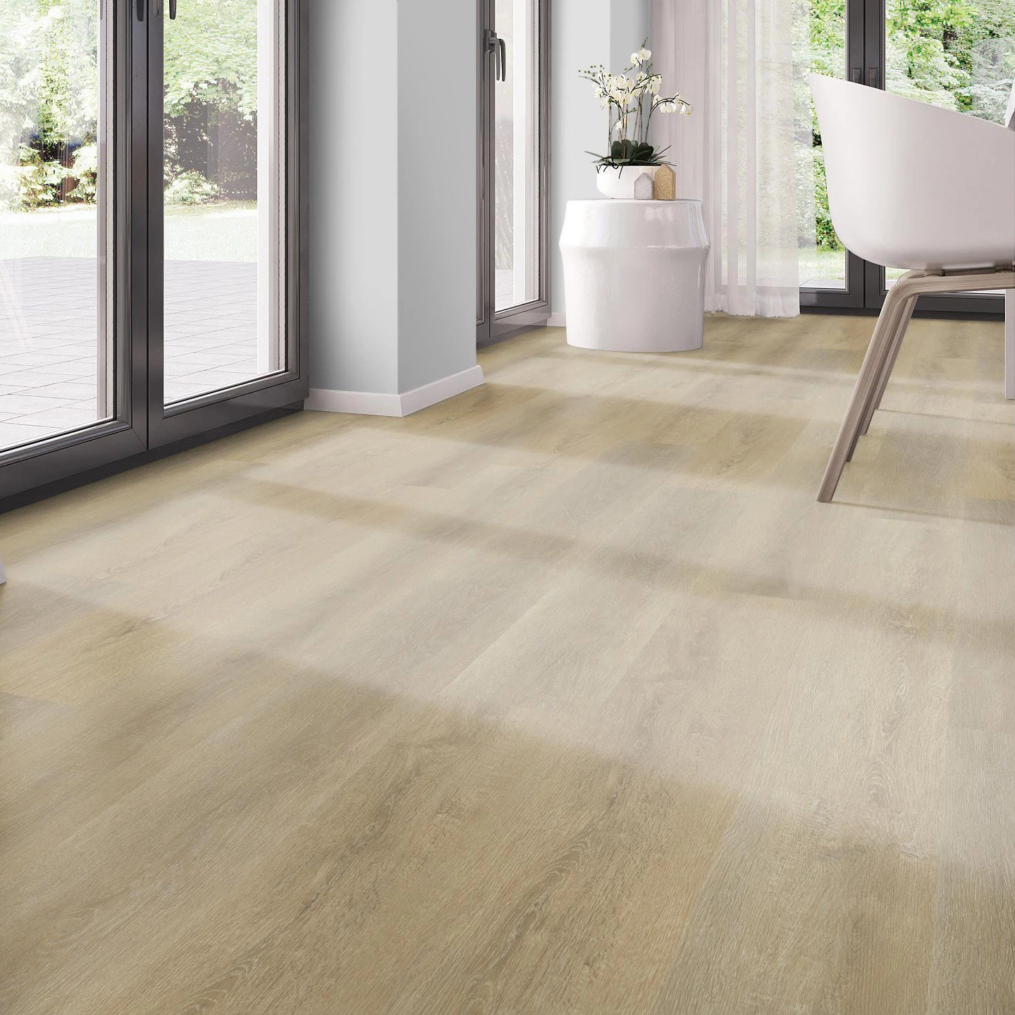 Milieubild Modernes Esszimmer - bodentiefe Perspektive - nexflor Rigid Klick-Vinyl Apollo Click Collection Samos Oak Milieubild Modernes Esszimmer - bodentiefe Perspektive - nexflor NXF-60030-015