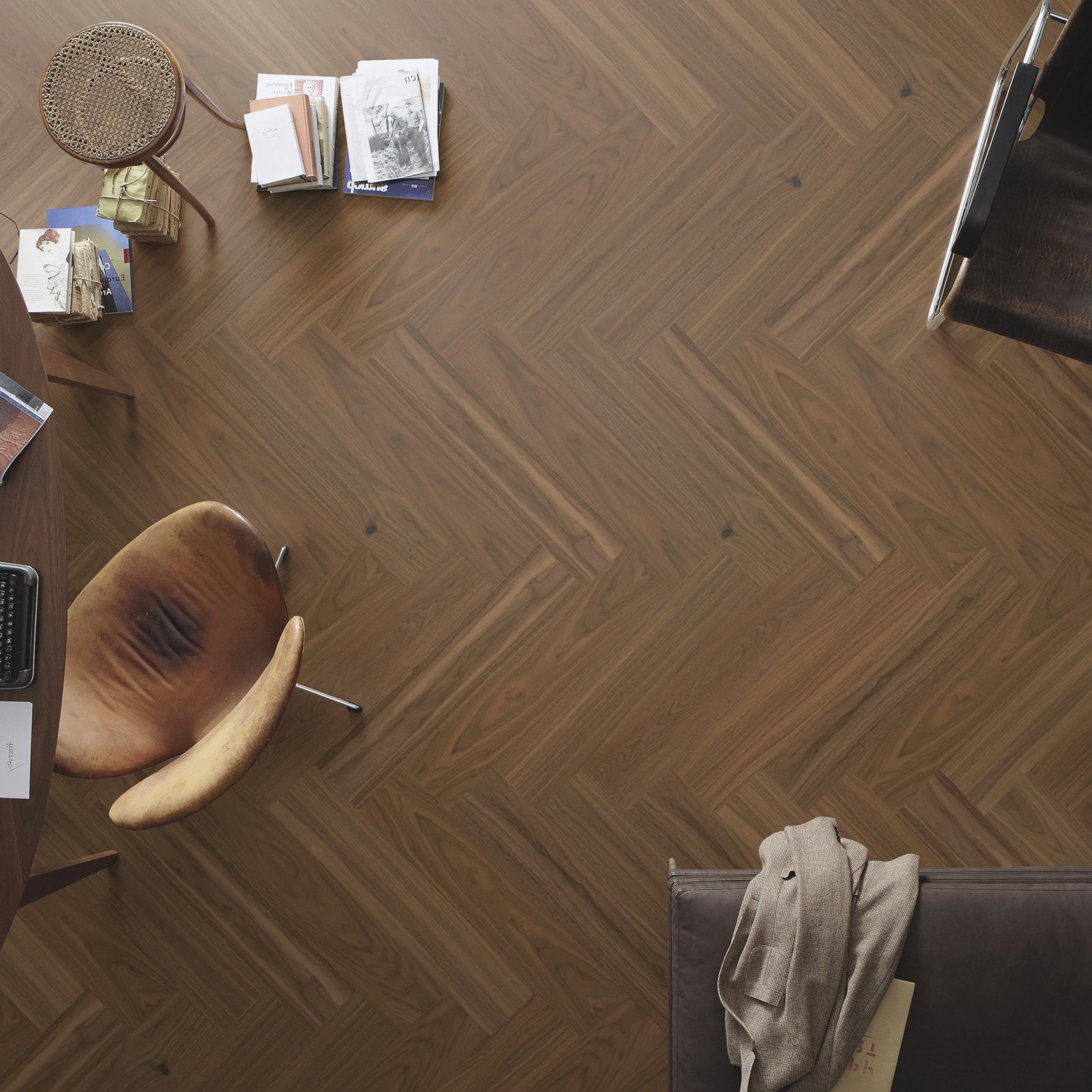 Milieubild Büro mit ovalem Tisch - Draufsicht - MEISTER Holzboden HS 500 Lindura Nussbaum amerikanisch classic Milieubild Büro mit ovalem Tisch - Draufsicht - MEISTER 500010-0700140-08924
