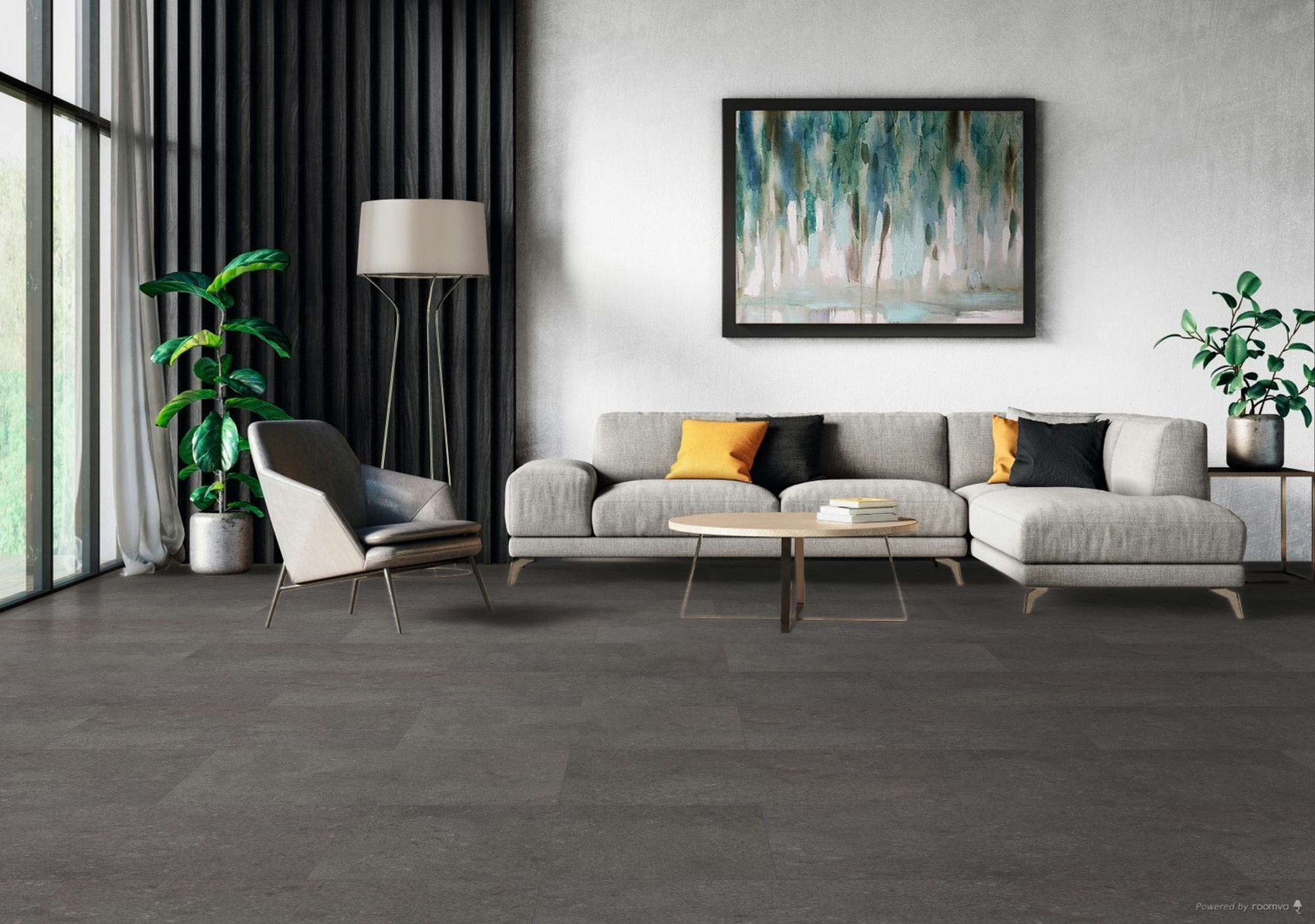 Milieubild Modernes Wohnzimmer mit Sessel und Sofa - BerryAlloc Klebe-Vinyl Zenn Gluedown 55 Rimini Milieubild Modernes Wohnzimmer mit Sessel und Sofa - BerryAlloc 60002260