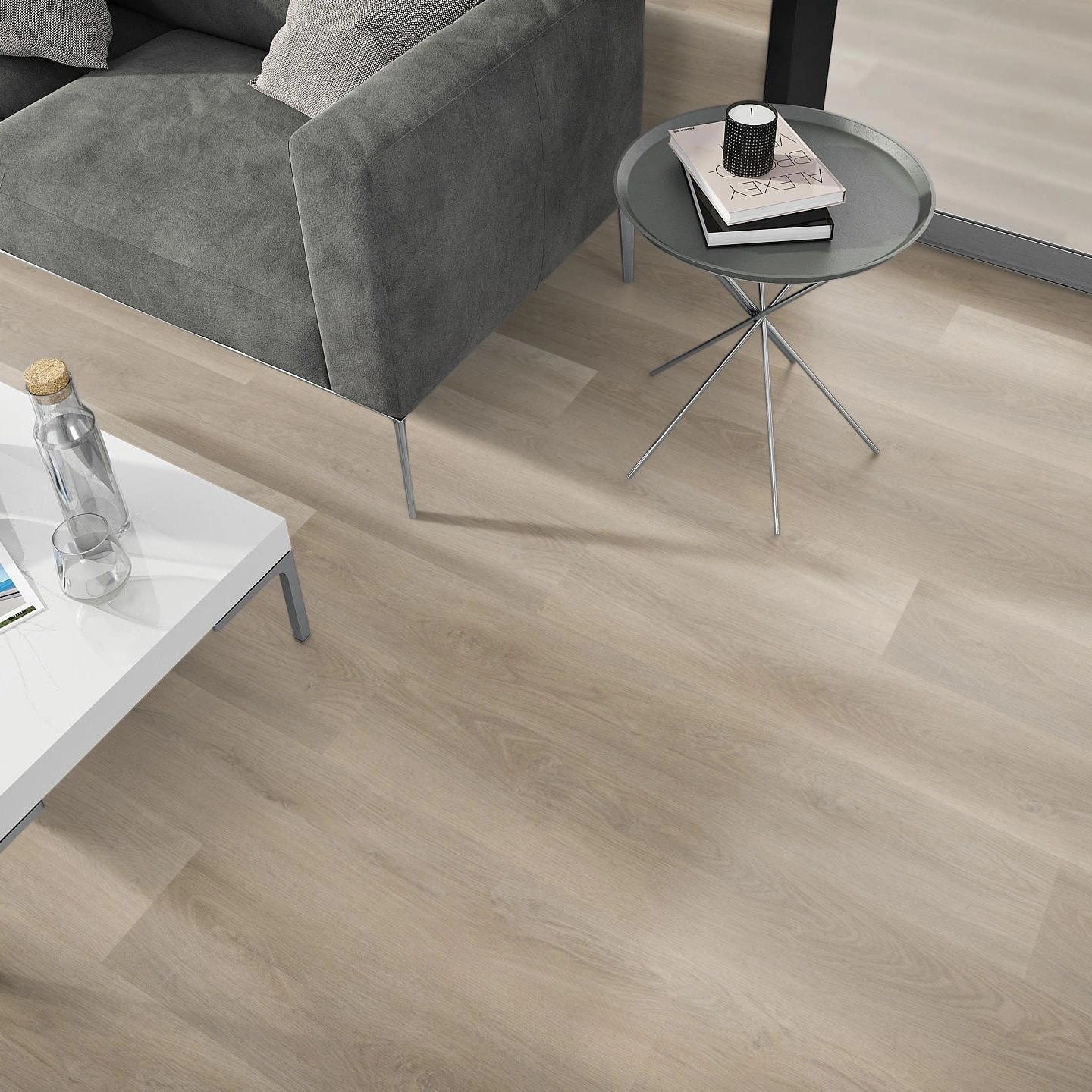 Milieubild Wohnzimmer - Sofa mit Beistelltisch und Glastür - nexflor Rigid Klick-Vinyl Apollo Click Collection Aegina Oak Milieubild Wohnzimmer - Sofa mit Beistelltisch und Glastür - nexflor NXF-60030-016
