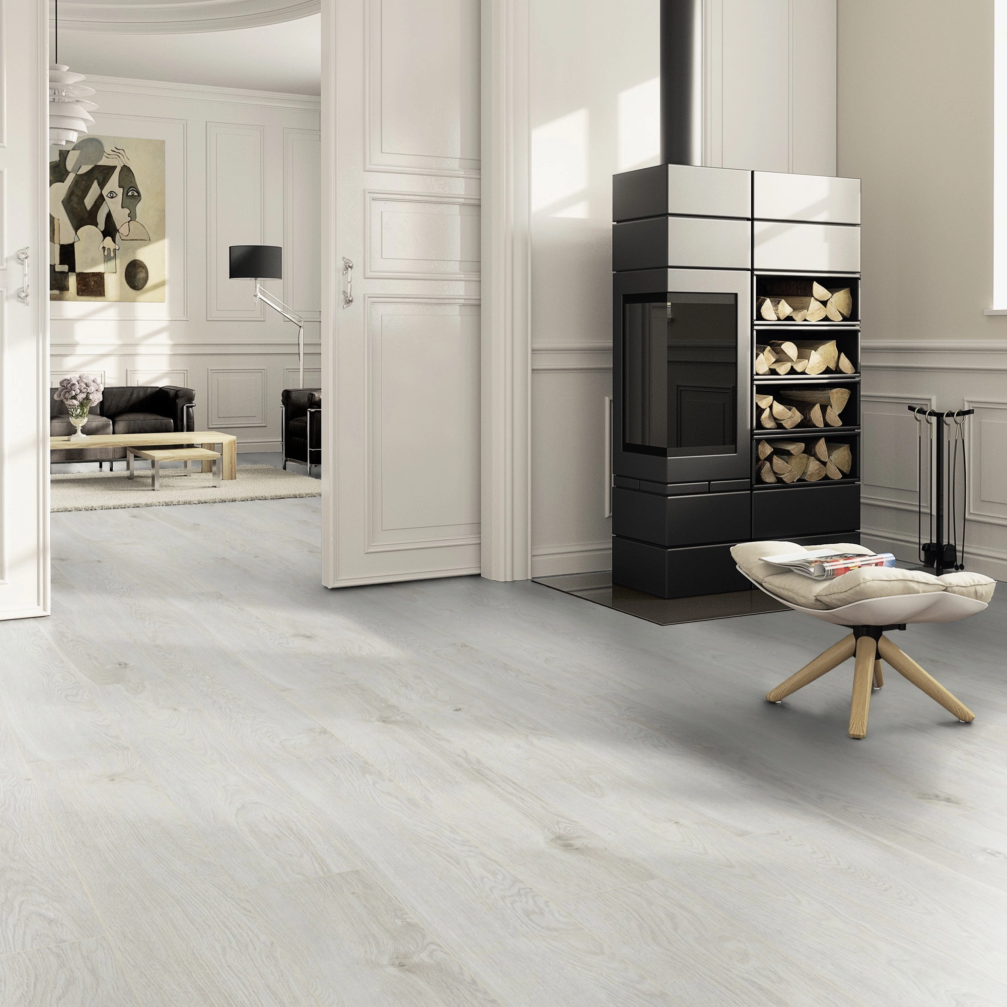 Milieubild Wohnzimmer im Landhaus-Stil mit Kamin - ter Hürne Klick-Designboden Dureco Strong Classic Edition Eiche Santorini Milieubild Wohnzimmer im Landhaus-Stil mit Kamin - ter Hürne 1101260052
