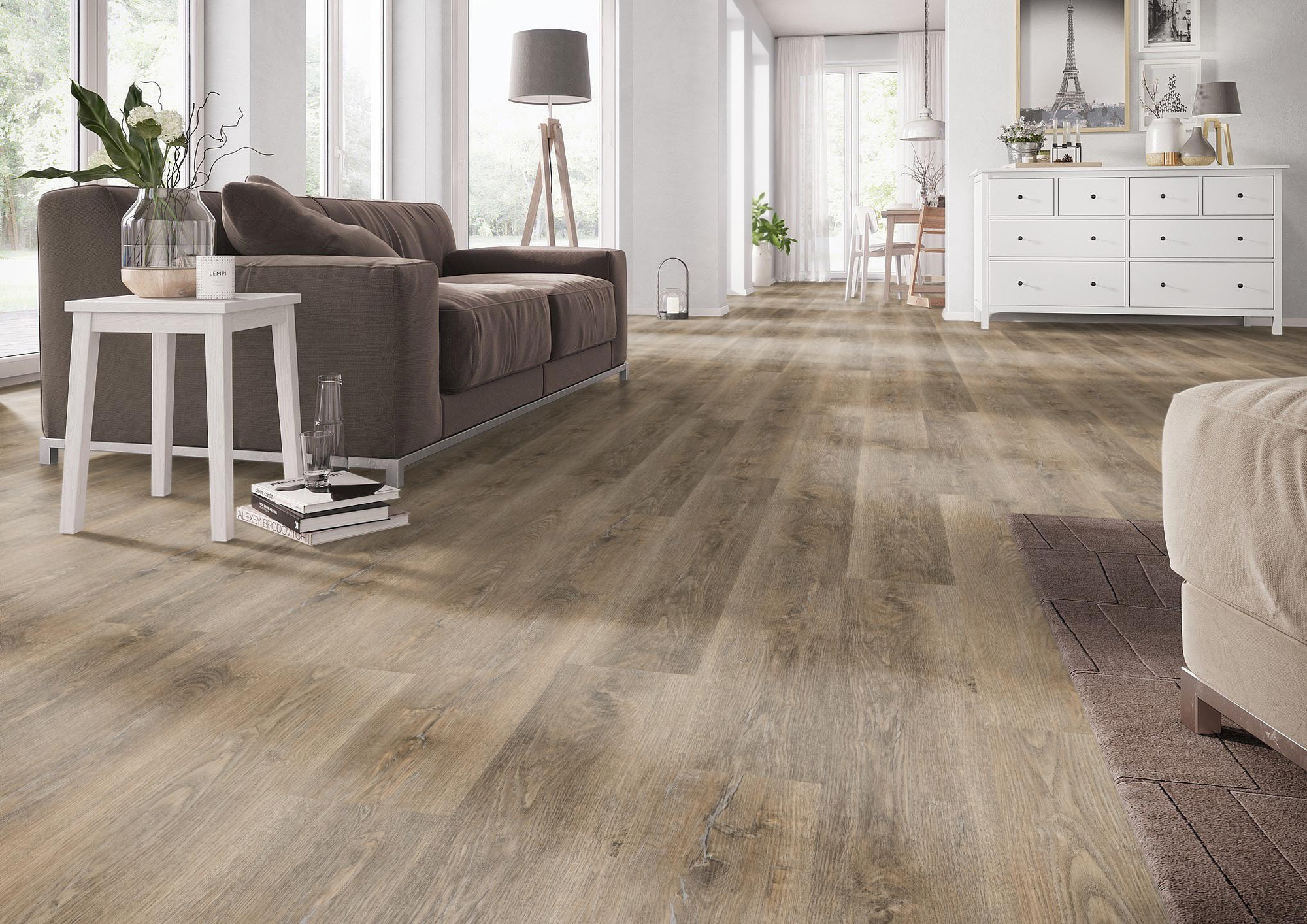 Milieubild Wohnzimmer mit Couch - nexflor Rigid Klick-Vinyl Apollo Click Collection Corinth Oak Milieubild Wohnzimmer mit Couch - nexflor NXF-60030-003
