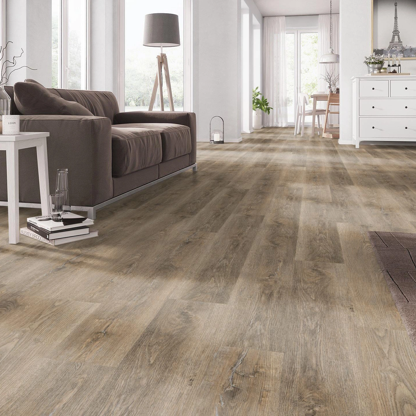 Milieubild Wohnzimmer mit Couch - nexflor Rigid Klick-Vinyl Apollo Click Collection Corinth Oak Milieubild Wohnzimmer mit Couch - nexflor NXF-60030-003