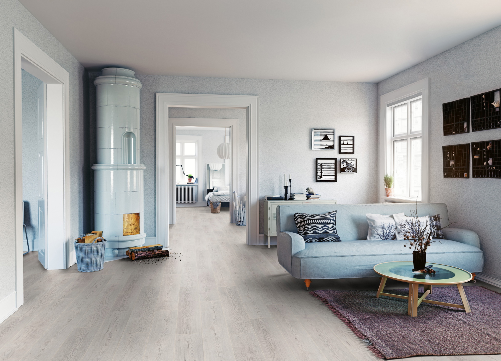 Milieubild Wohnzimmer mit Sofa und Kachelofen - ter Hürne HDF Klick-Designboden Dureco Silent Classic Edition Eiche Iceland Milieubild Wohnzimmer mit Sofa und Kachelofen - ter Hürne 1101330001