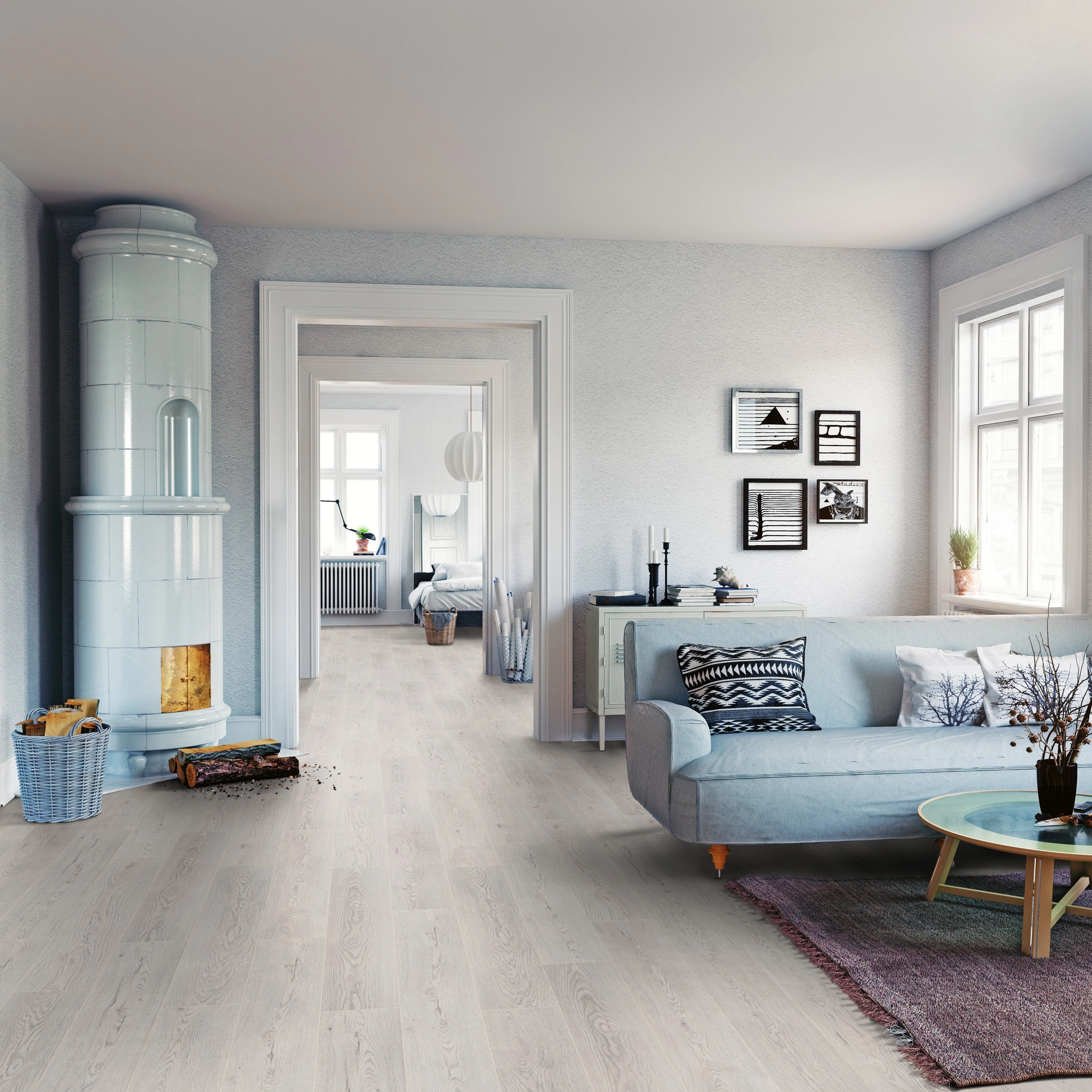 Milieubild Wohnzimmer mit Sofa und Kachelofen - ter Hürne HDF Klick-Designboden Dureco Silent Classic Edition Eiche Iceland Milieubild Wohnzimmer mit Sofa und Kachelofen - ter Hürne 1101330001