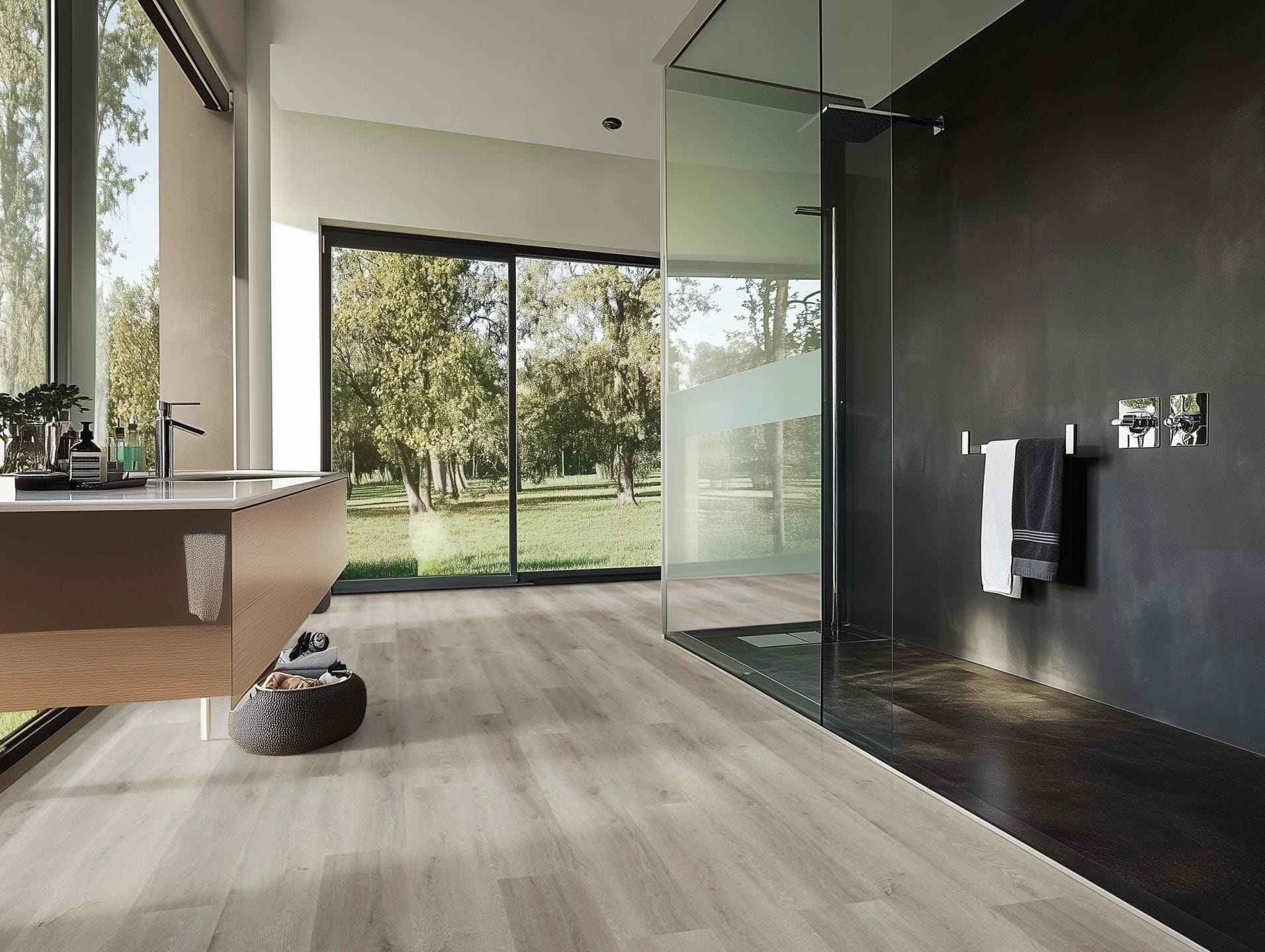 Milieubild Modernes Badezimmer mit bodentiefer Dusche - nexflor Rigid Klick-Vinyl Helios Click Collection Teos Oak Milieubild Modernes Badezimmer mit bodentiefer Dusche - nexflor NXF-20030-004