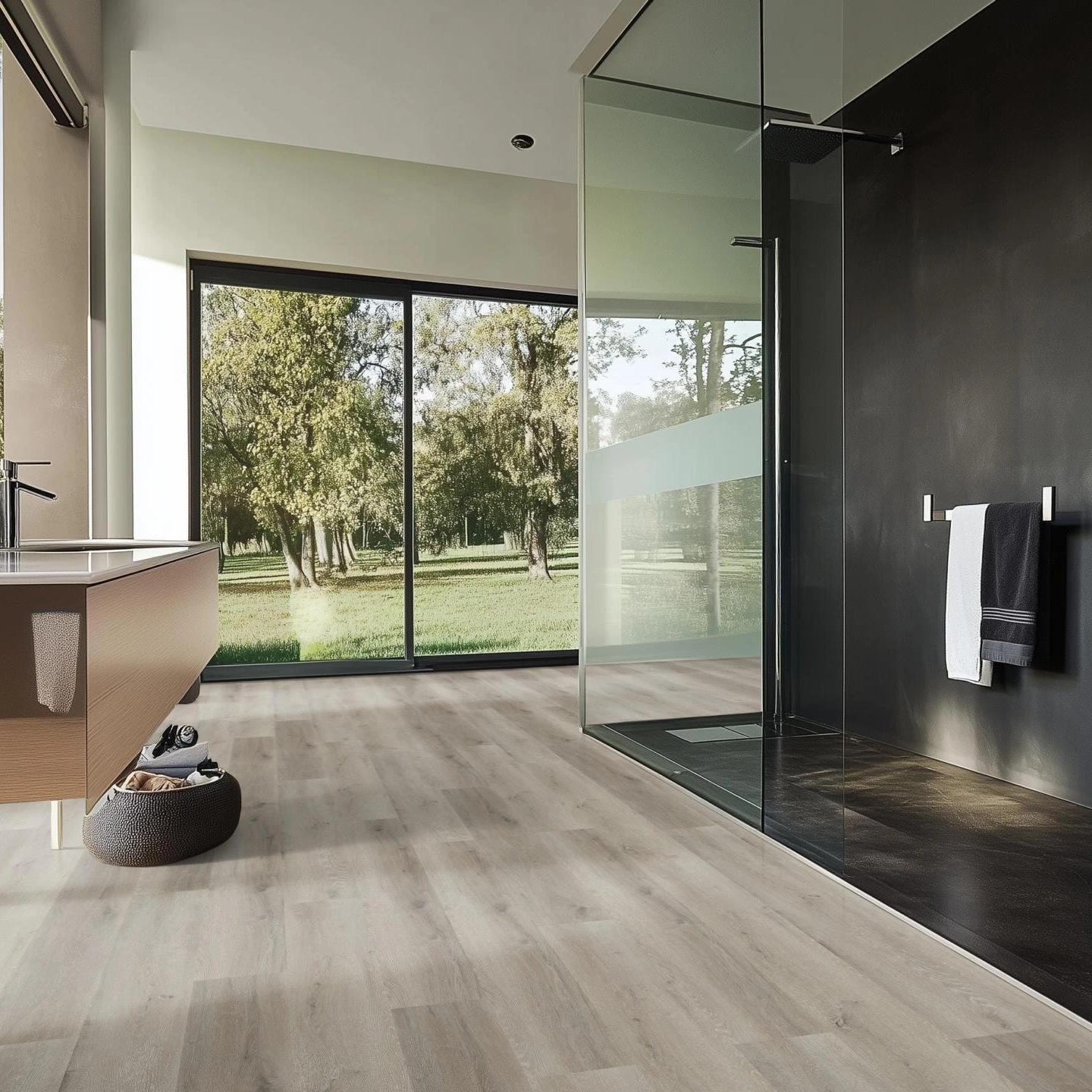 Milieubild Modernes Badezimmer mit bodentiefer Dusche - nexflor Rigid Klick-Vinyl Helios Click Collection Teos Oak Milieubild Modernes Badezimmer mit bodentiefer Dusche - nexflor NXF-20030-004