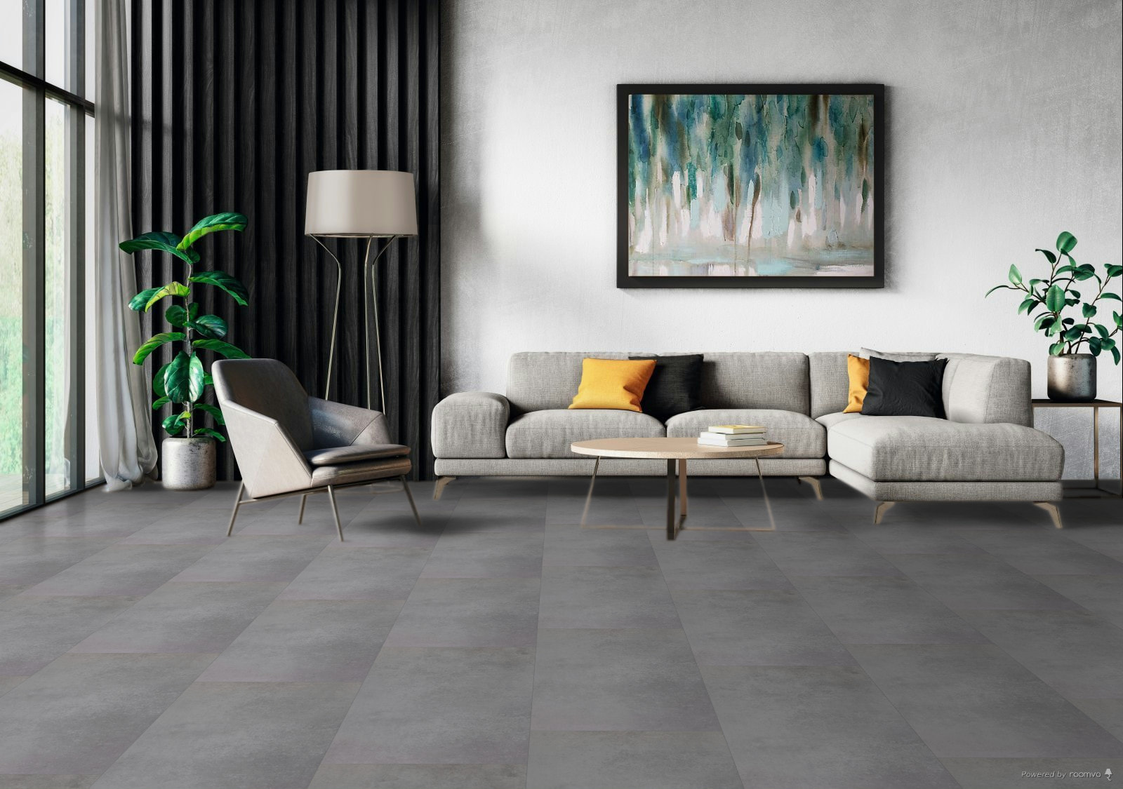 Milieubild Modernes Wohnzimmer mit Sessel und Sofa - BerryAlloc Klebe-Vinyl Zenn Gluedown 30 Fuji Milieubild Modernes Wohnzimmer mit Sessel und Sofa - BerryAlloc 60002228