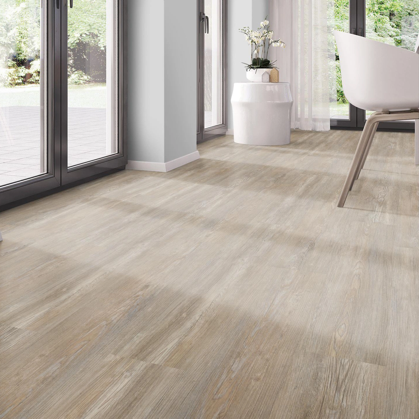 Milieubild Modernes Esszimmer - bodentiefe Perspektive - nexflor Rigid Klick-Vinyl Apollo Click Collection Olympia Oak Milieubild Modernes Esszimmer - bodentiefe Perspektive - nexflor NXF-60030-005