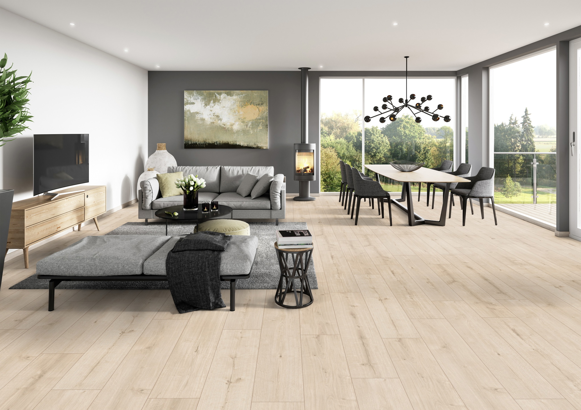 Milieubild Modernes Wohnzimmer mit Essbereich - ter Hürne Klebe-Designboden Avatara Pro Classic Edition Eiche Deimos Milieubild Modernes Wohnzimmer mit Essbereich - ter Hürne 1101270103