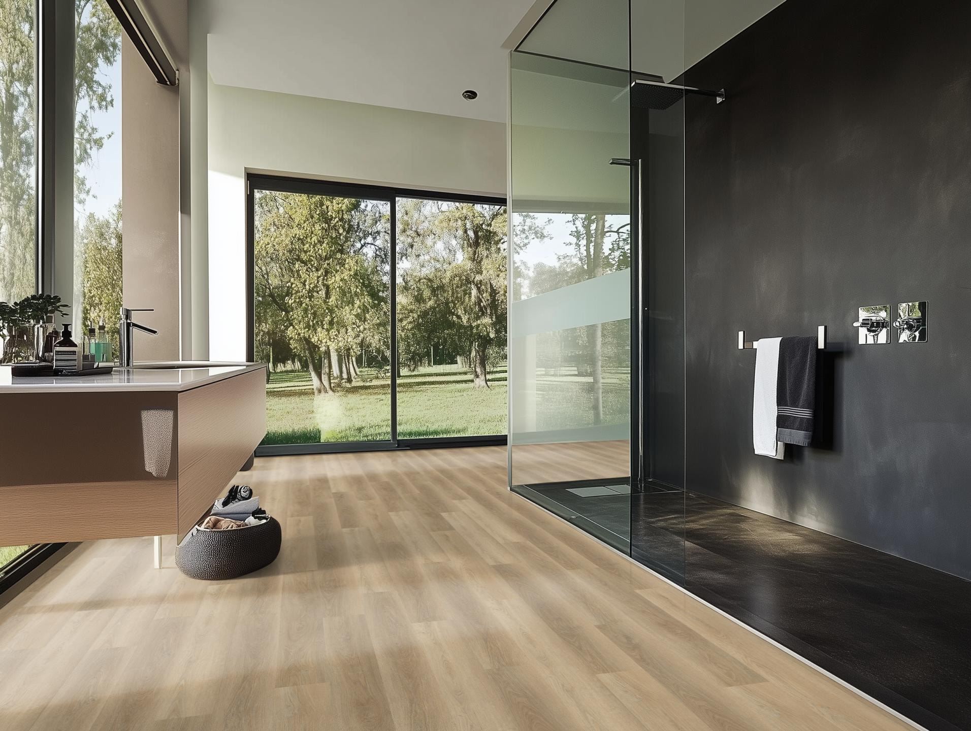Milieubild Modernes Badezimmer mit bodentiefer Dusche - nexflor Rigid Klick-Vinyl Apollo Click Collection Thebes Oak Milieubild Modernes Badezimmer mit bodentiefer Dusche - nexflor NXF-60030-013