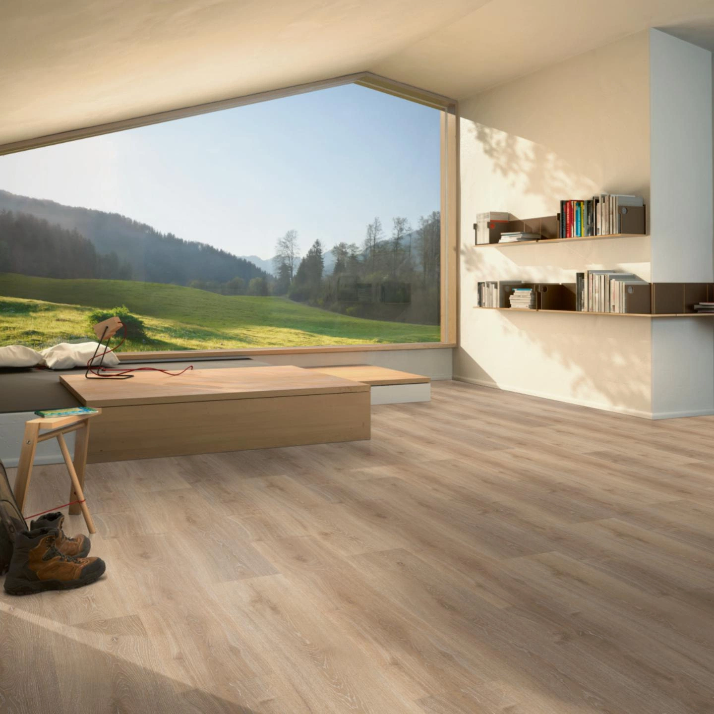 Milieubild Moderne Hütte mit Blick in die Natur - Parador Klebe-Vinyl Classic 2025 Eiche Royal hell gekälkt Milieubild Moderne Hütte mit Blick in die Natur - Parador 1748870