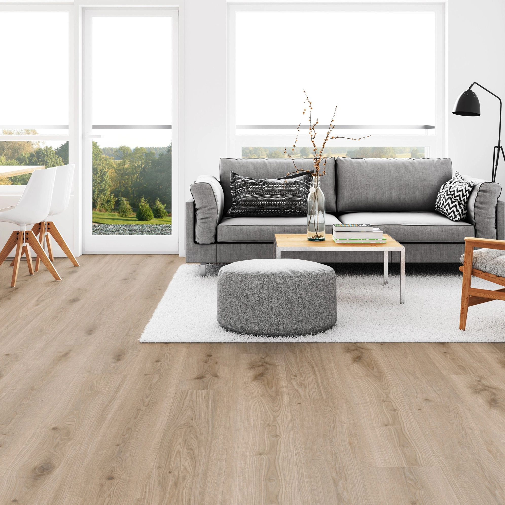 Milieubild Wohnzimmer mit Esszimmer - Tarkett Klebe-Vinyl Essence 30 Primary Oak Light Grey Milieubild Wohnzimmer mit Esszimmer - Tarkett 260055006