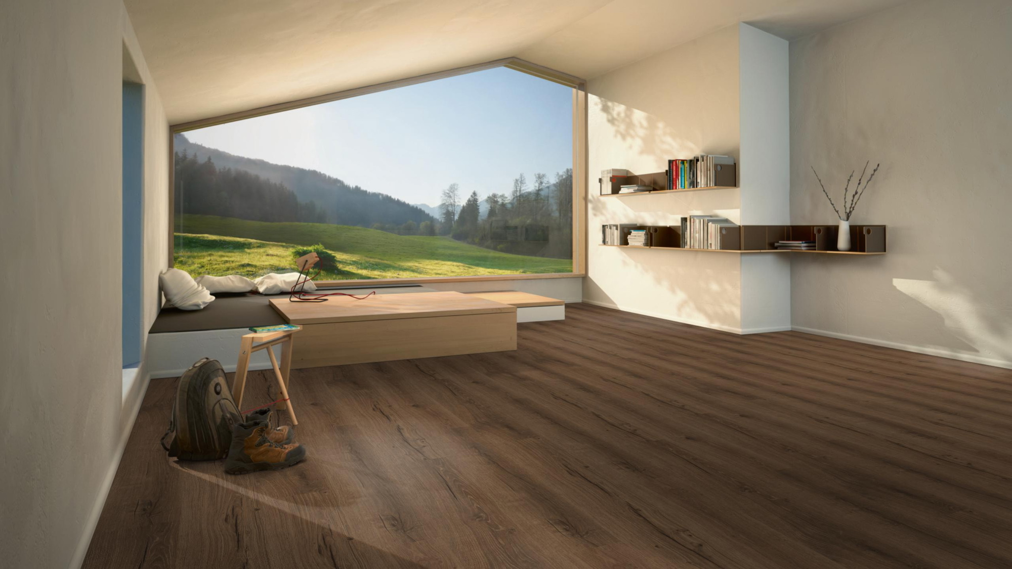 Milieubild Moderne Hütte mit Blick in die Natur - Parador Klebe-Vinyl Basic 2.0 Eiche Cambridge geräuchert Milieubild Moderne Hütte mit Blick in die Natur - Parador 1748821