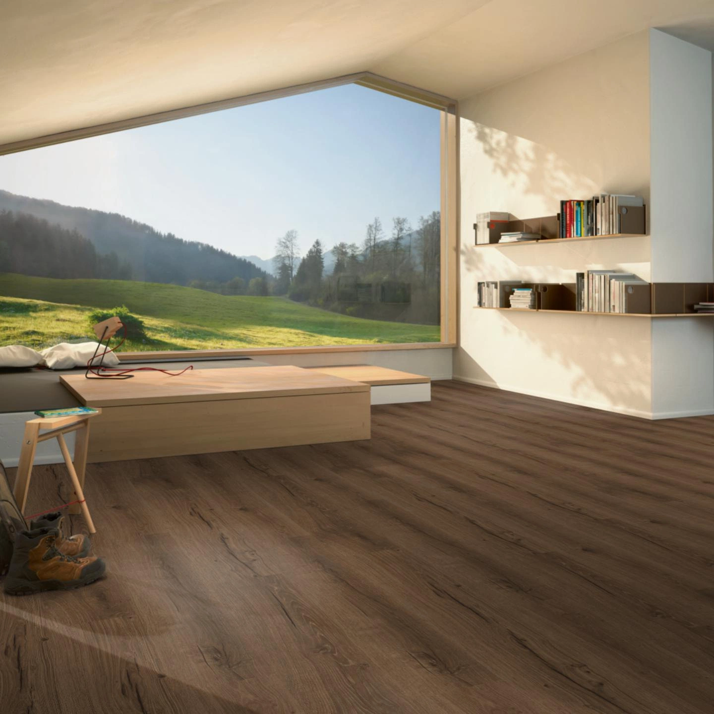 Milieubild Moderne Hütte mit Blick in die Natur - Parador Klebe-Vinyl Basic 2.0 Eiche Cambridge geräuchert Milieubild Moderne Hütte mit Blick in die Natur - Parador 1748821