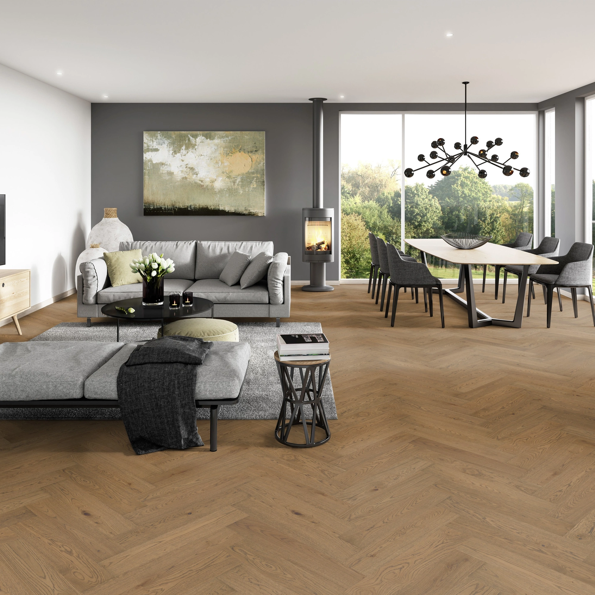 Milieubild Modernes Wohnzimmer mit Essbereich - ter Hürne Parkett Estate Collection OLIO Eiche Dijon Milieubild Modernes Wohnzimmer mit Essbereich - ter Hürne 1101312672