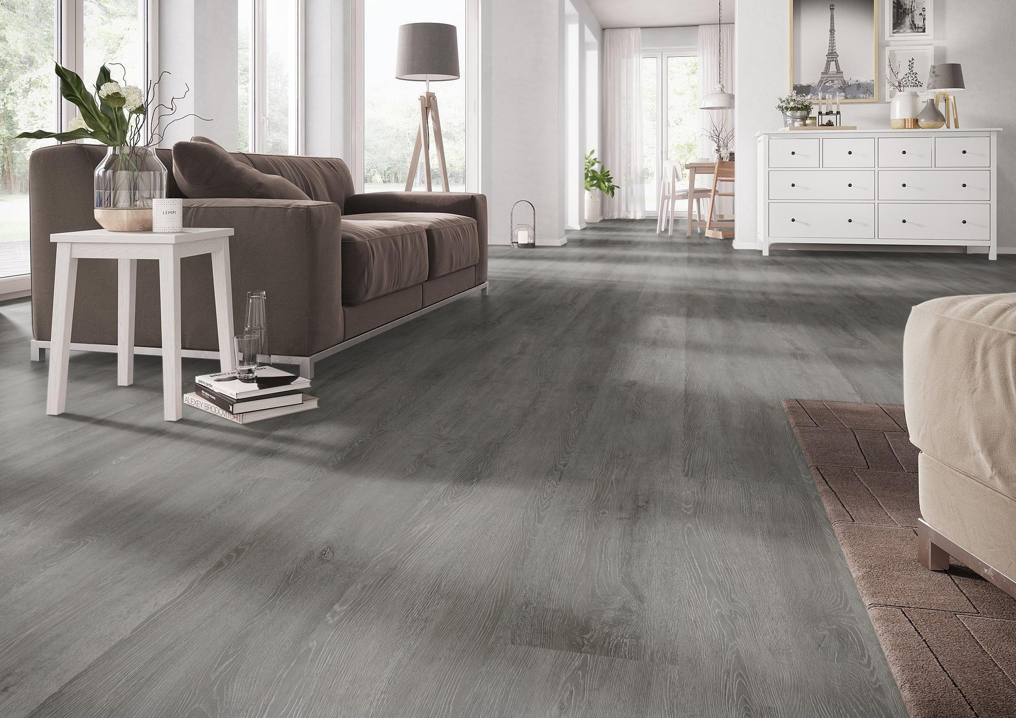 Milieubild Wohnzimmer mit Couch - nexflor Rigid Klick-Vinyl Helios Click Collection Arcadia Oak Milieubild Wohnzimmer mit Couch - nexflor NXF-20030-005