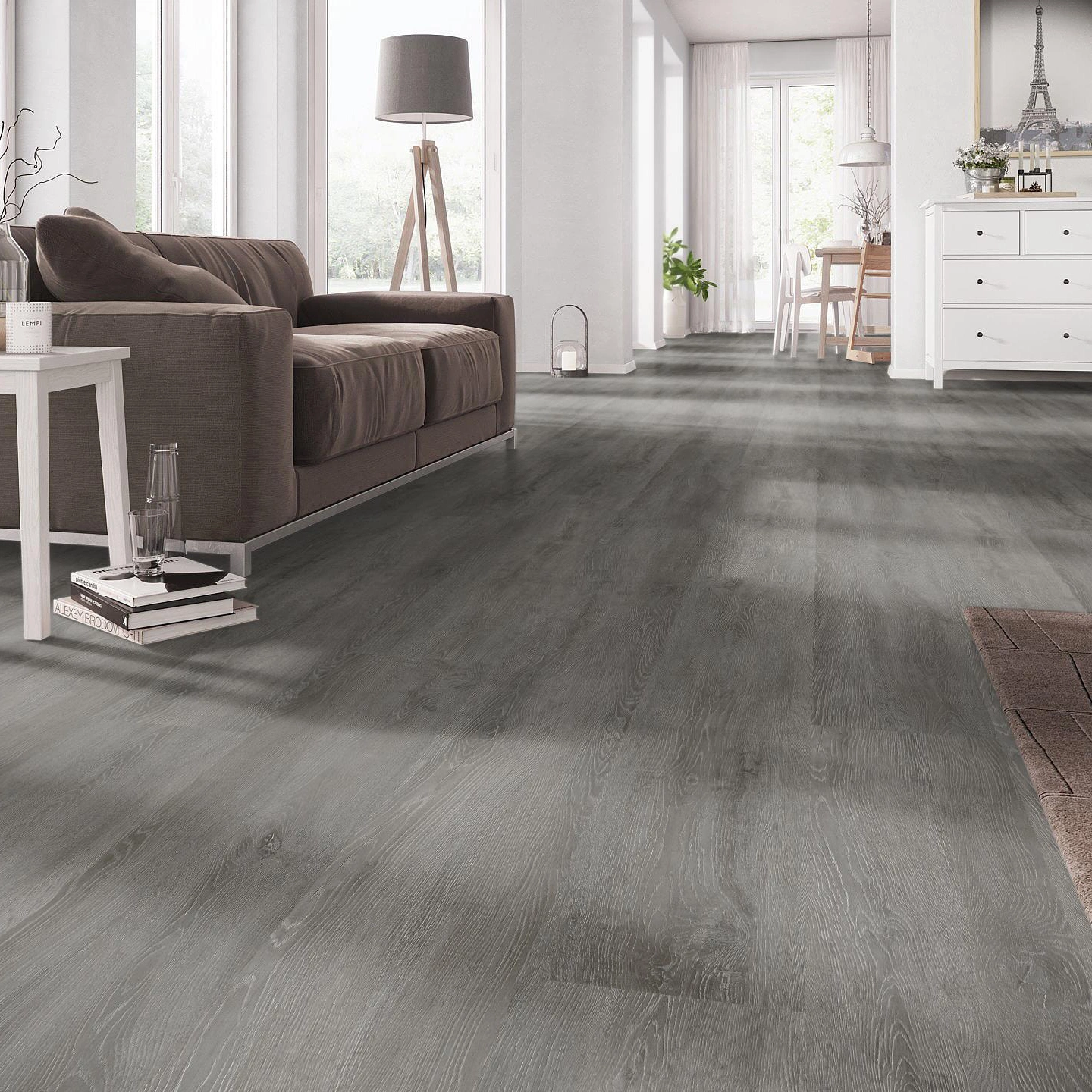 Milieubild Wohnzimmer mit Couch - nexflor Rigid Klick-Vinyl Helios Click Collection Arcadia Oak Milieubild Wohnzimmer mit Couch - nexflor NXF-20030-005