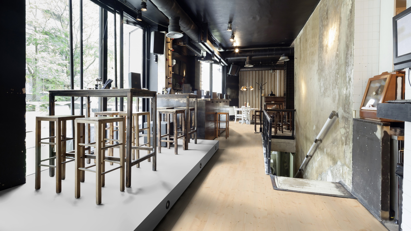 Milieubild Restaurant - Bar mit Tischen und Hockern - wineo PLC297R
