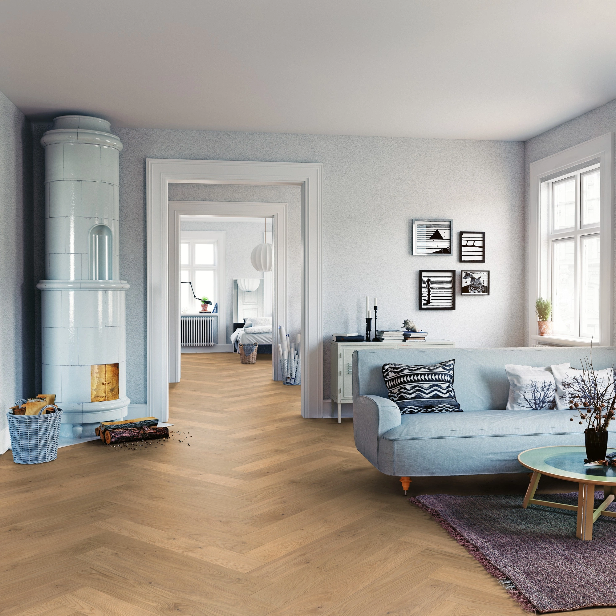 Milieubild Wohnzimmer mit Sofa und Kachelofen - ter Hürne Parkett Light Collection OLIO Eiche Kitzbühel Milieubild Wohnzimmer mit Sofa und Kachelofen - ter Hürne 1101312817