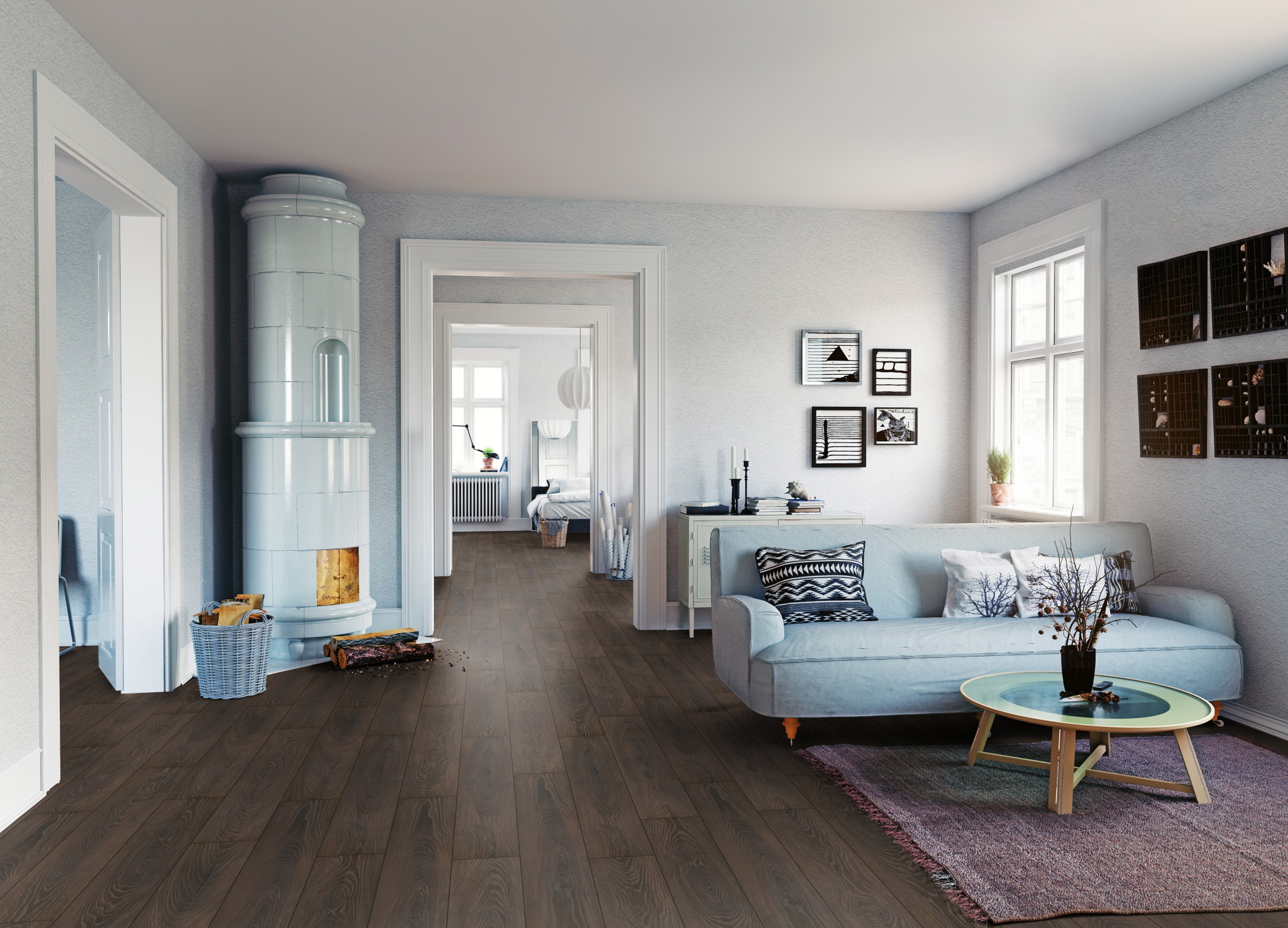 Milieubild Wohnzimmer mit Sofa und Kachelofen - ter Hürne Klick-Designboden Dureco Strong Classic Edition Eiche Cocoa Milieubild Wohnzimmer mit Sofa und Kachelofen - ter Hürne 1101260049