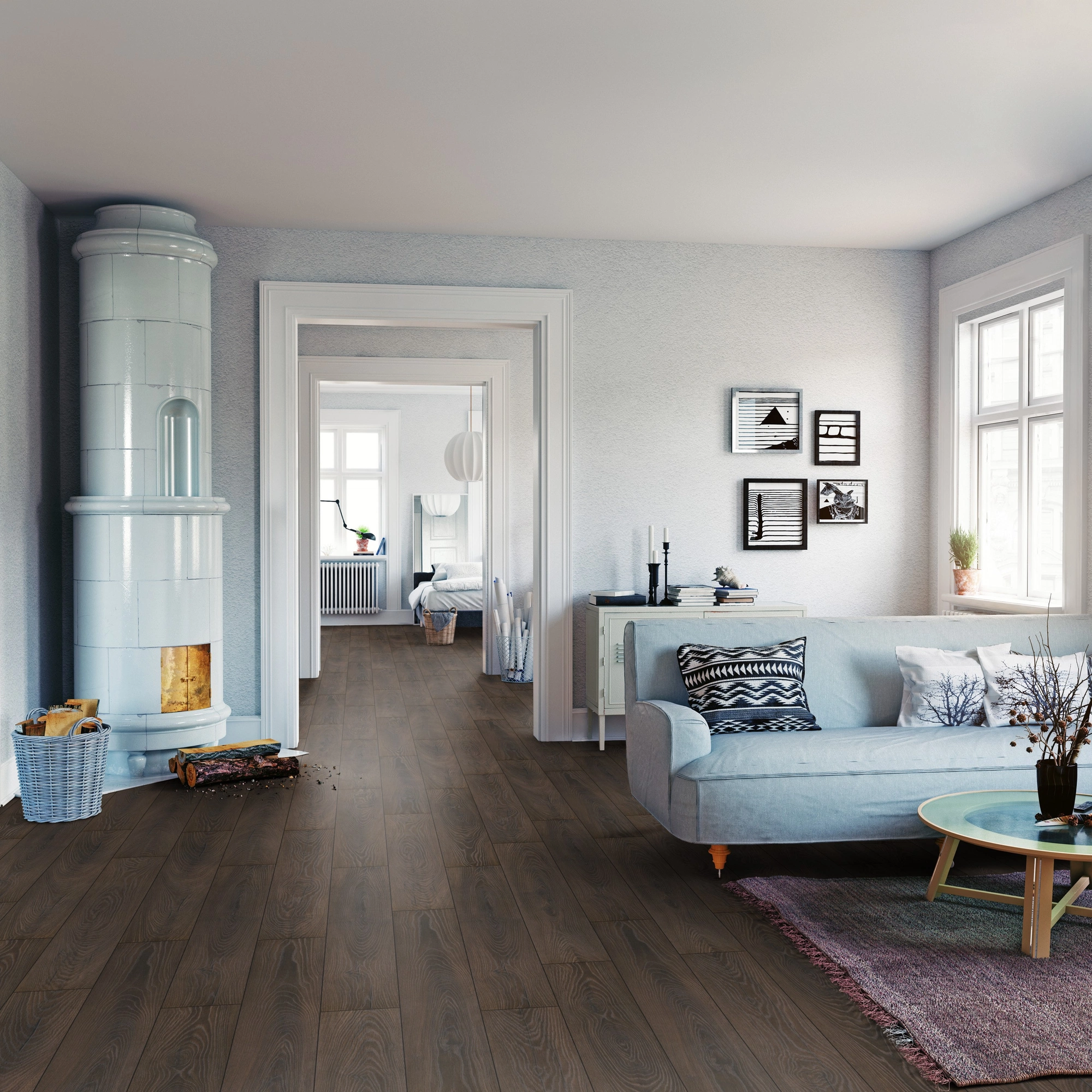 Milieubild Wohnzimmer mit Sofa und Kachelofen - ter Hürne Klick-Designboden Dureco Strong Classic Edition Eiche Cocoa Milieubild Wohnzimmer mit Sofa und Kachelofen - ter Hürne 1101260049