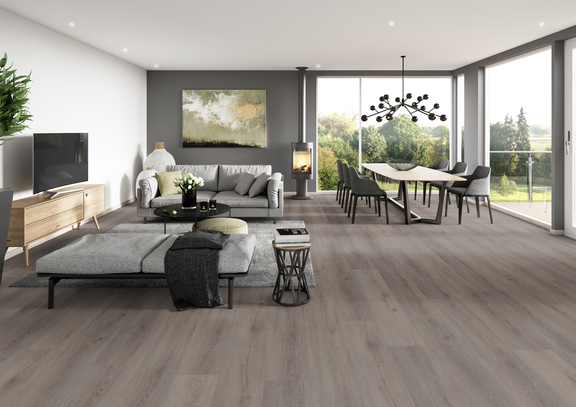 Milieubild Modernes Wohnzimmer mit Essbereich - ter Hürne Klebe-Vinyl Pro Classic Edition Eiche Triest Milieubild Modernes Wohnzimmer mit Essbereich - ter Hürne 1101210432