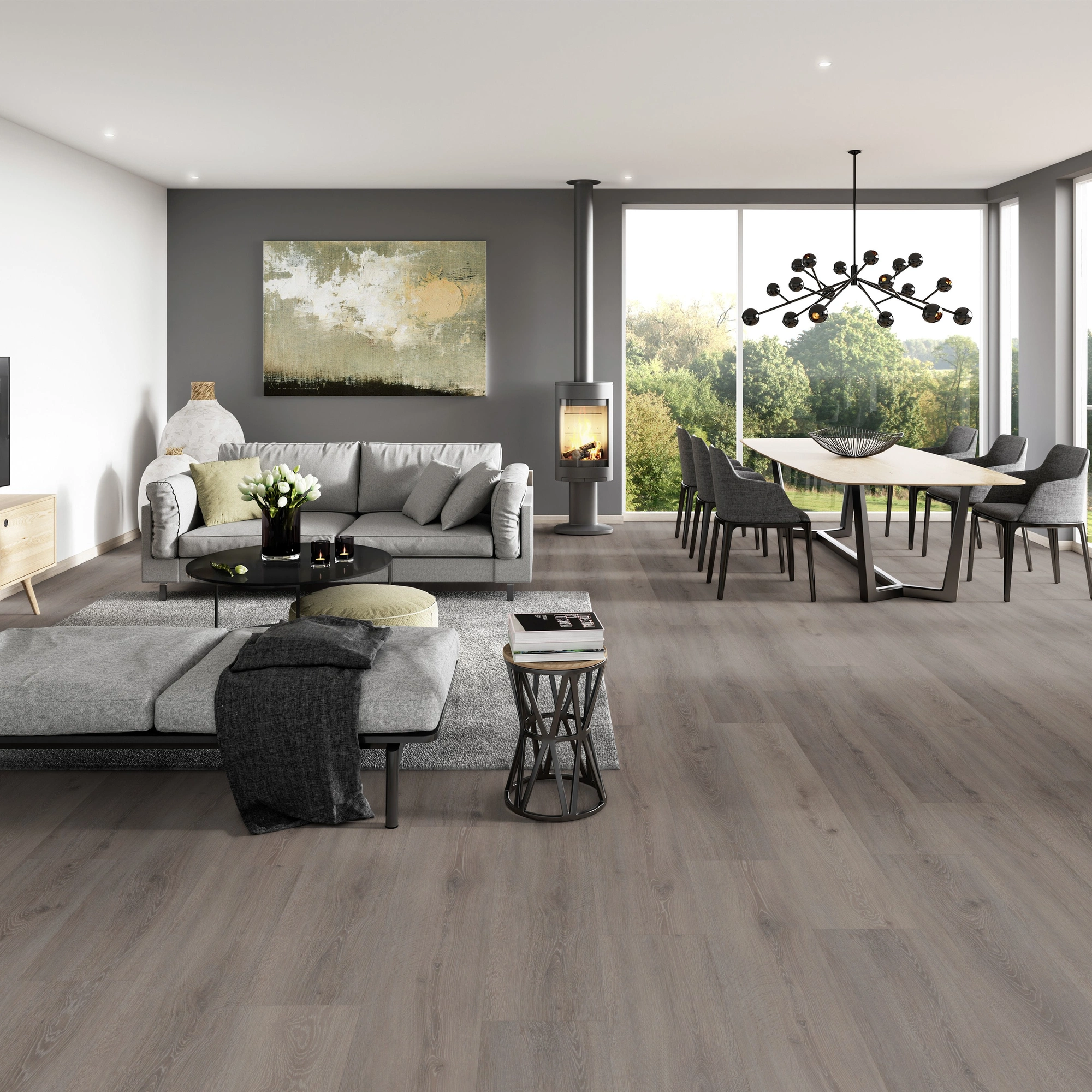 Milieubild Modernes Wohnzimmer mit Essbereich - ter Hürne Klebe-Vinyl Pro Classic Edition Eiche Triest Milieubild Modernes Wohnzimmer mit Essbereich - ter Hürne 1101210432