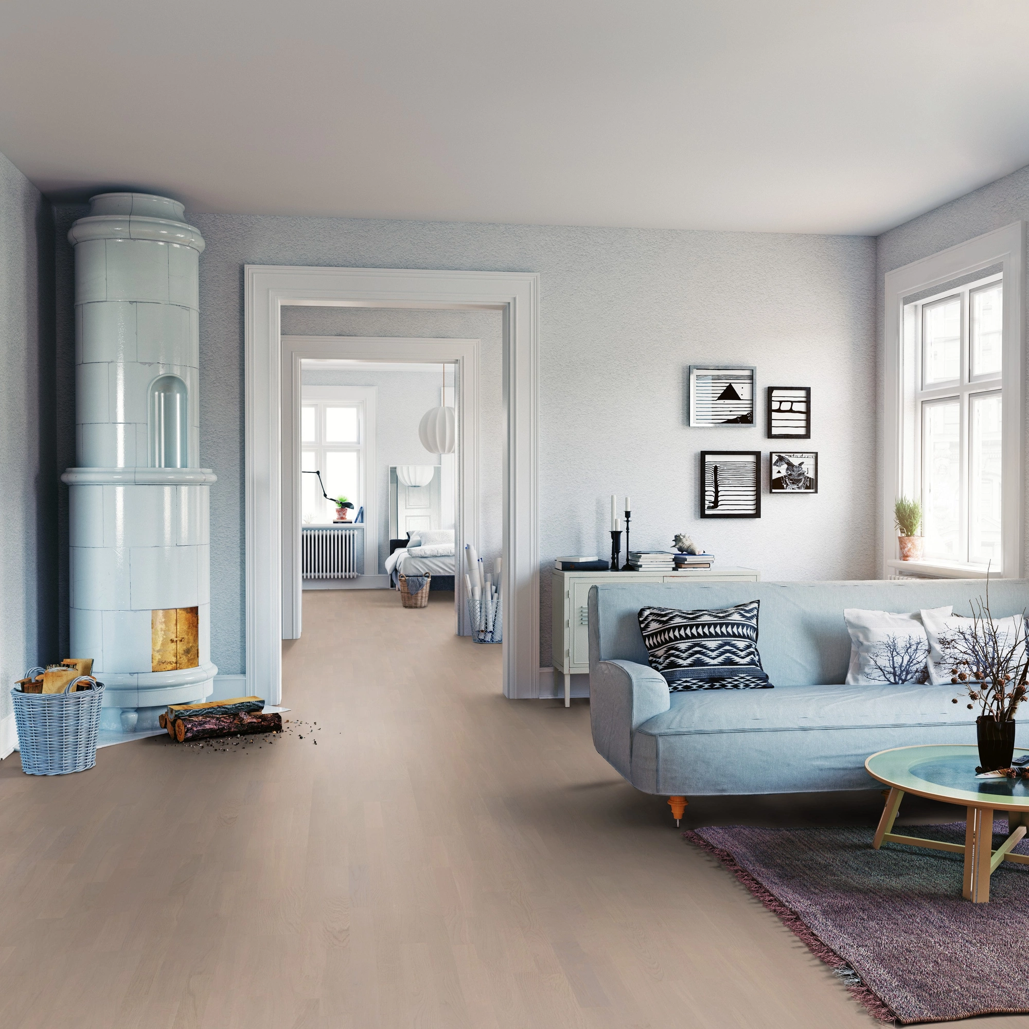 Milieubild Wohnzimmer mit Sofa und Kachelofen - ter Hürne Parkett Tailored Collection Eiche Fendant Milieubild Wohnzimmer mit Sofa und Kachelofen - ter Hürne 1101312490