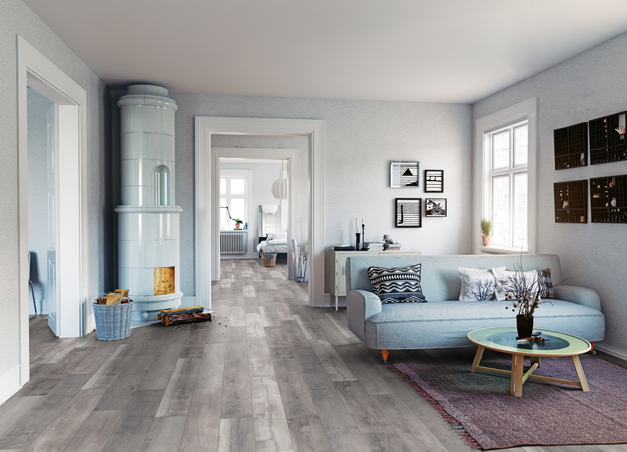 Milieubild Wohnzimmer mit Sofa und Kachelofen - ter Hürne Klick-Designboden Dureco Strong Classic Edition Eiche Barbados Milieubild Wohnzimmer mit Sofa und Kachelofen - ter Hürne 1101260050
