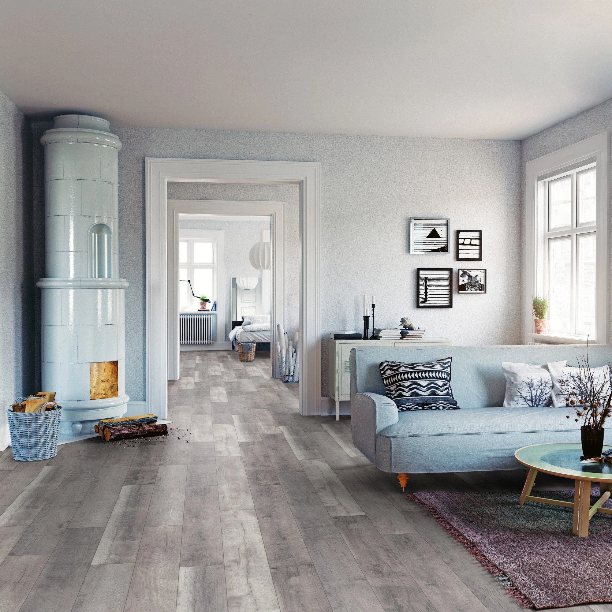 Milieubild Wohnzimmer mit Sofa und Kachelofen - ter Hürne Klick-Designboden Dureco Strong Classic Edition Eiche Barbados Milieubild Wohnzimmer mit Sofa und Kachelofen - ter Hürne 1101260050