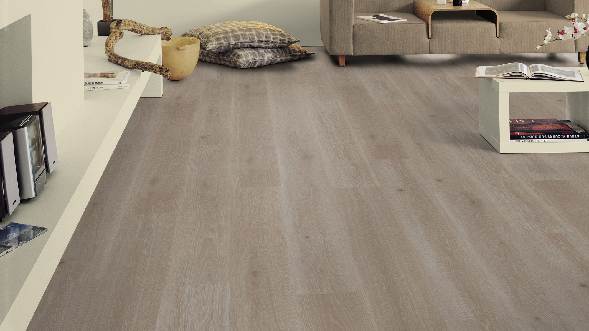 Milieubild Wohnzimmer mit Sideboard - Tarkett Klebe-Vinyl Essence 55 Tribe Oak Grey Milieubild Wohnzimmer mit Sideboard - Tarkett 260053008