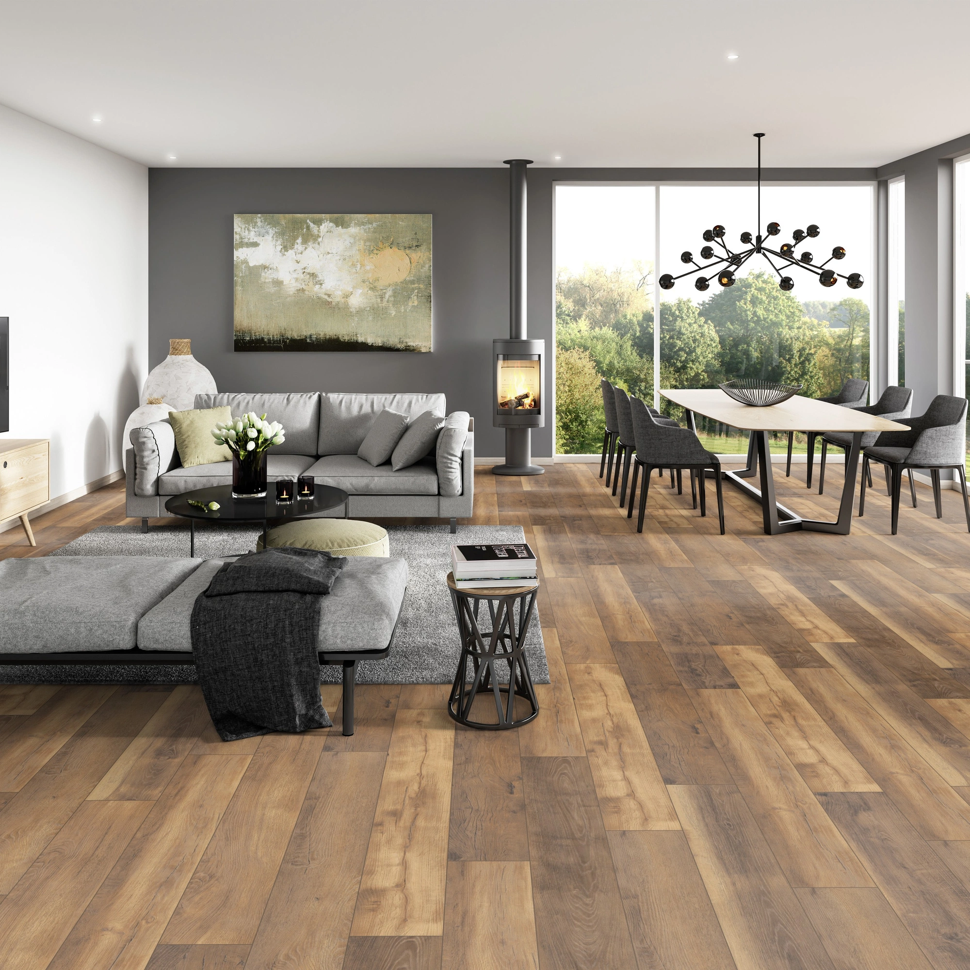 Milieubild Modernes Wohnzimmer mit Essbereich - ter Hürne Klick-Designboden Dureco Strong Classic Edition Eiche Malibu Milieubild Modernes Wohnzimmer mit Essbereich - ter Hürne 1101260044