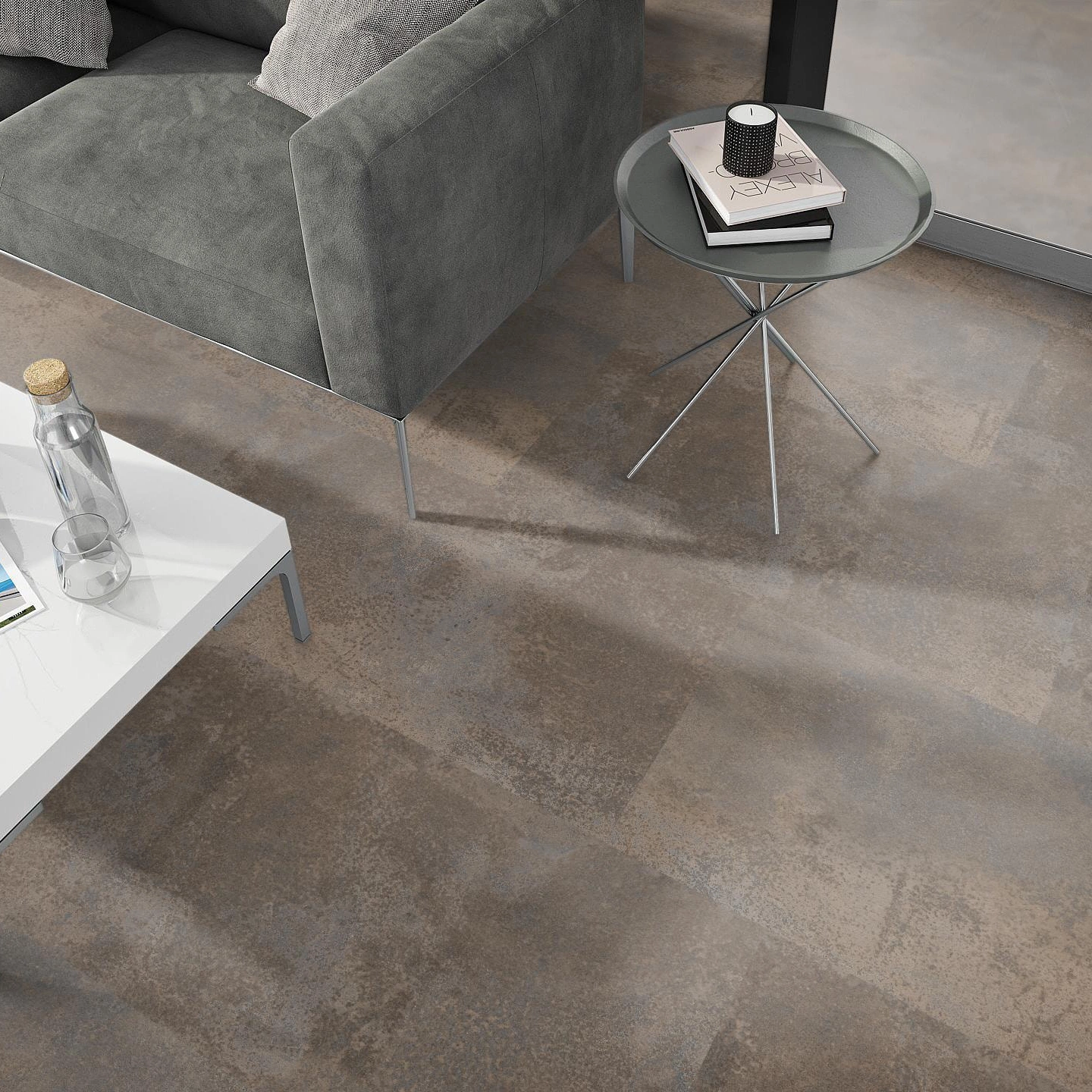 Milieubild Wohnzimmer - Sofa mit Beistelltisch und Glastür - nexflor Klebe-Vinyl Oreios Collection Giona Milieubild Wohnzimmer - Sofa mit Beistelltisch und Glastür - nexflor NXF-51030-003
