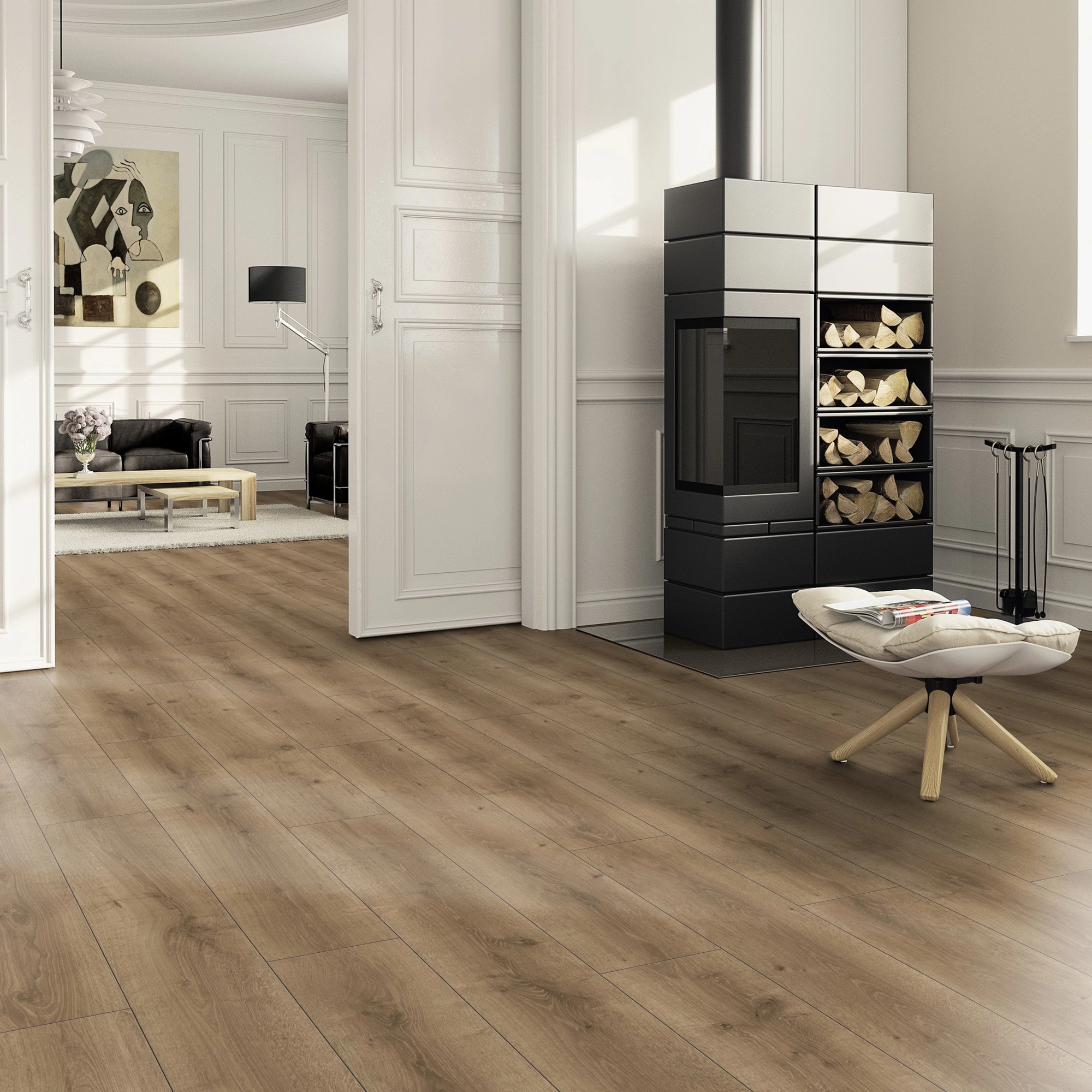 Milieubild Wohnzimmer im Landhaus-Stil mit Kamin - ter Hürne Laminat Classic Edition Eiche Scotch Saloon Milieubild Wohnzimmer im Landhaus-Stil mit Kamin - ter Hürne 1101021835