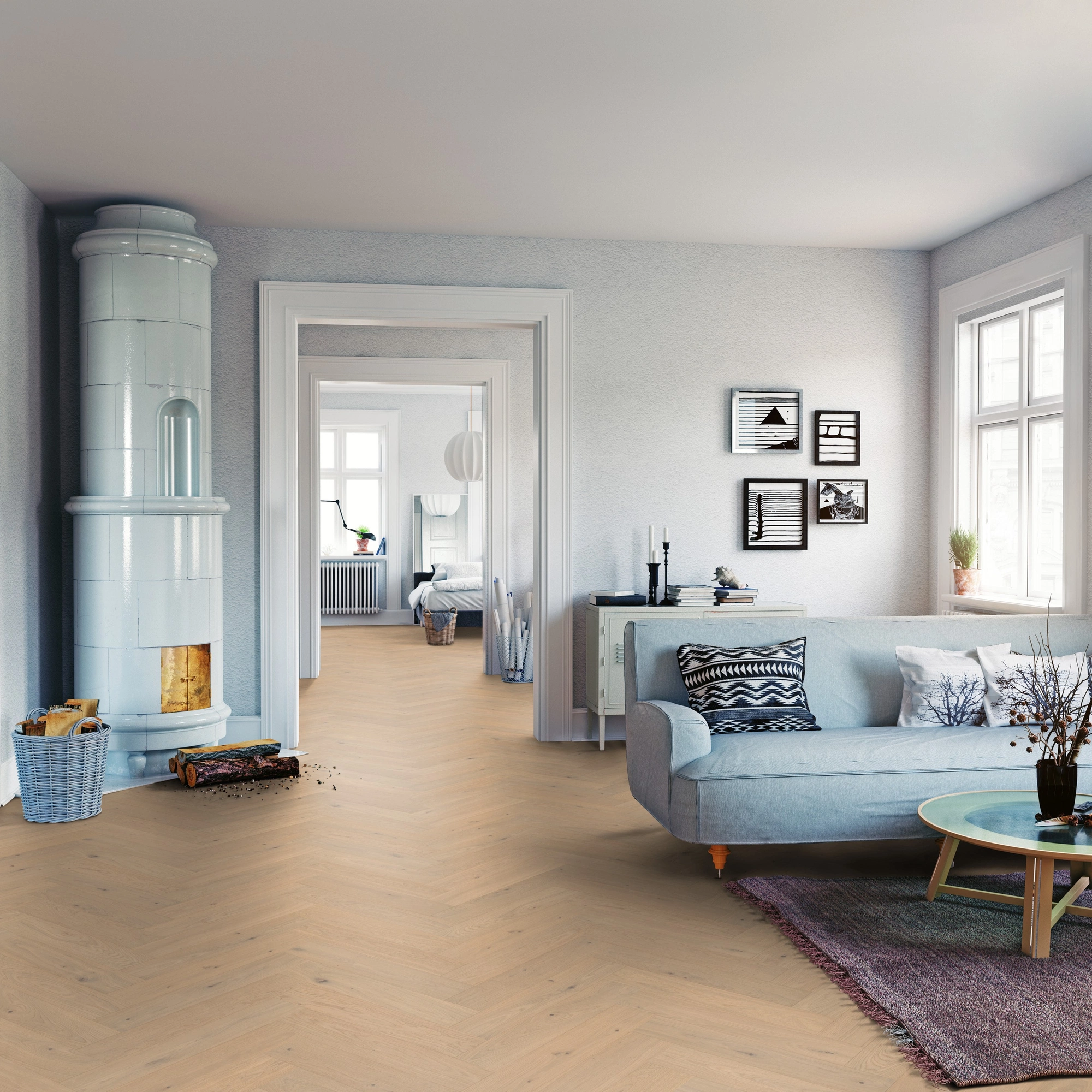 Milieubild Wohnzimmer mit Sofa und Kachelofen - ter Hürne Parkett Estate Collection OLIO Eiche Bosa Milieubild Wohnzimmer mit Sofa und Kachelofen - ter Hürne 1101312671